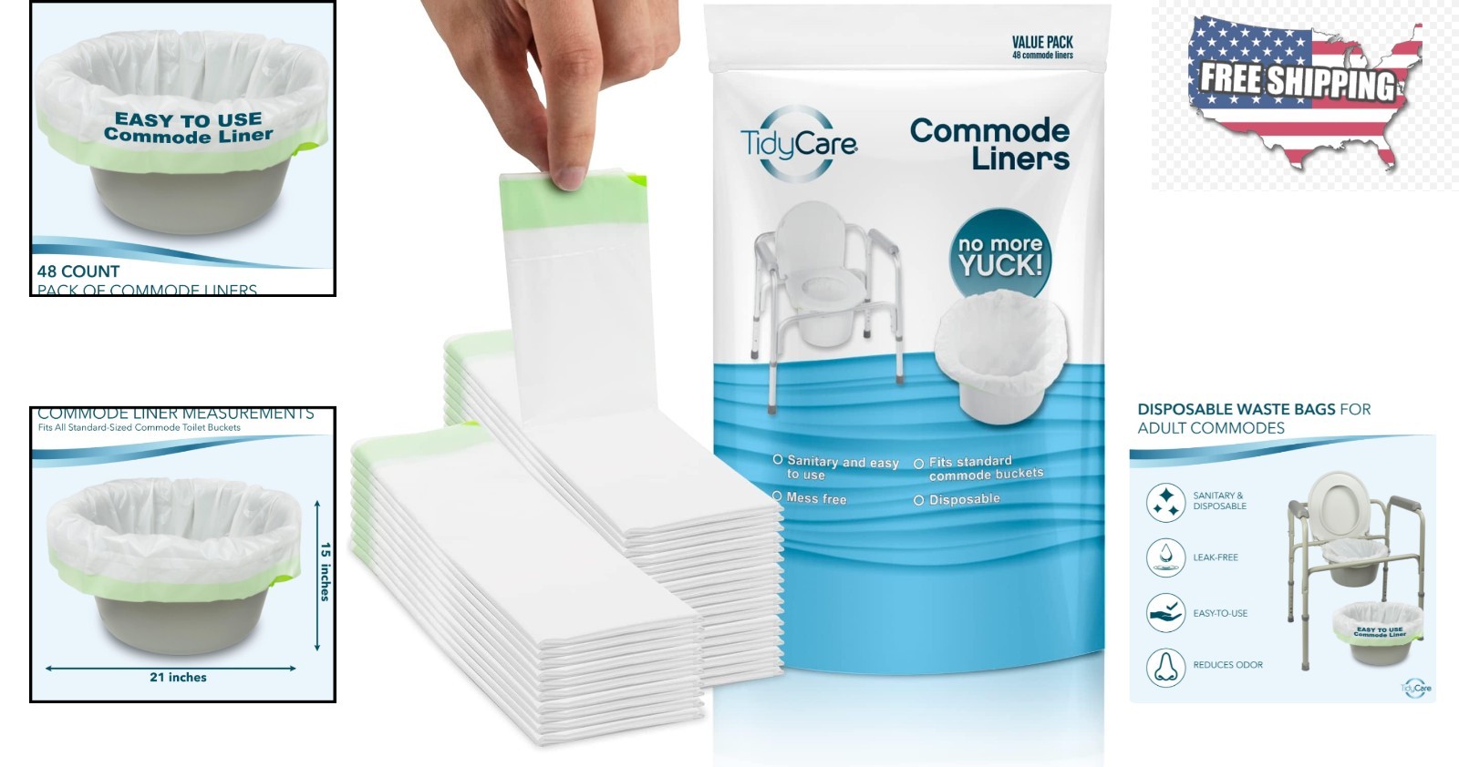 Value Pack of 48 Leak-Free Bedside Commode Liners for Hygiene & Convenience