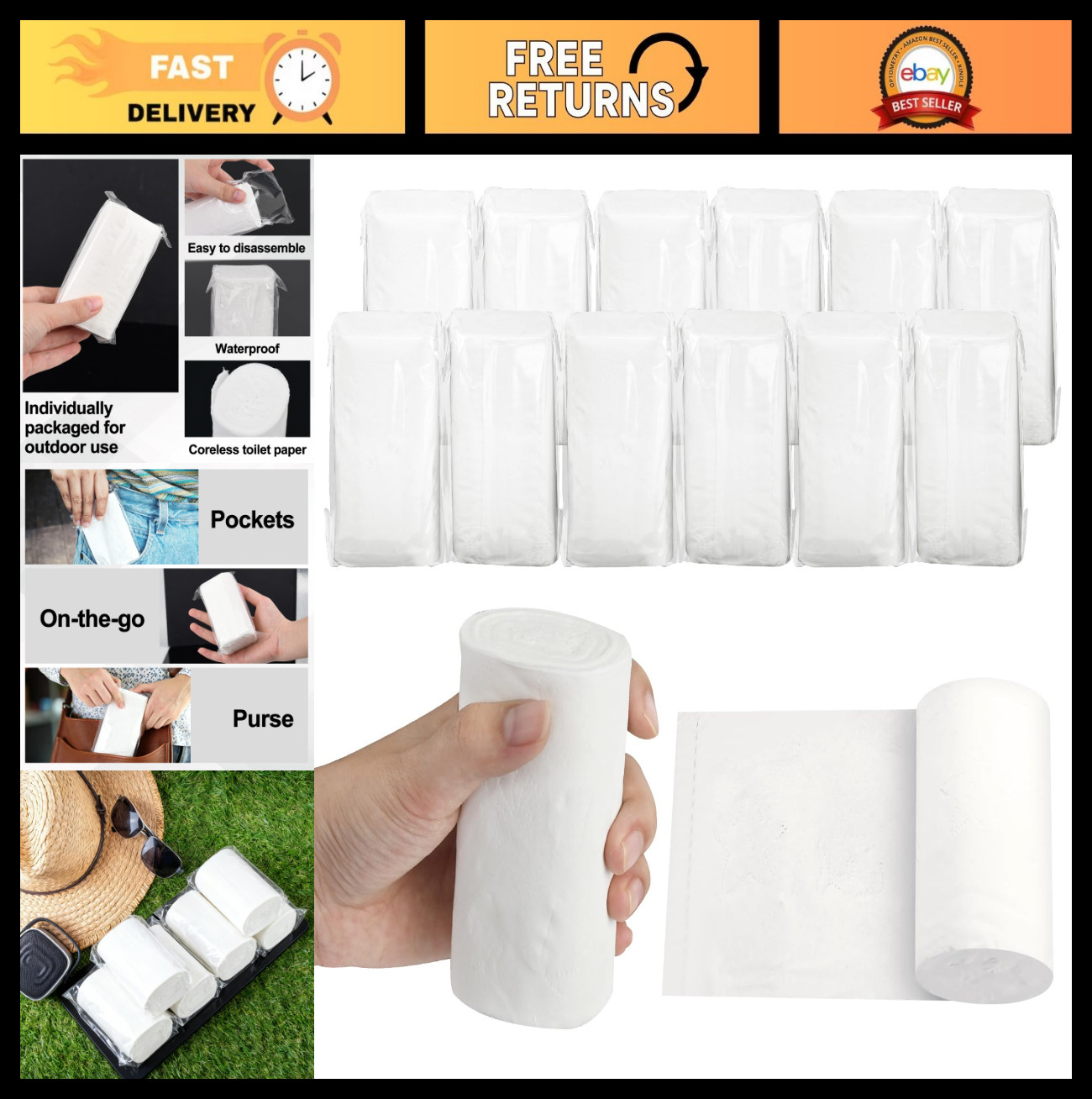 12 PCS Portable Soft Coreless Toilet Paper – Individually Wrapped Camping Tissue