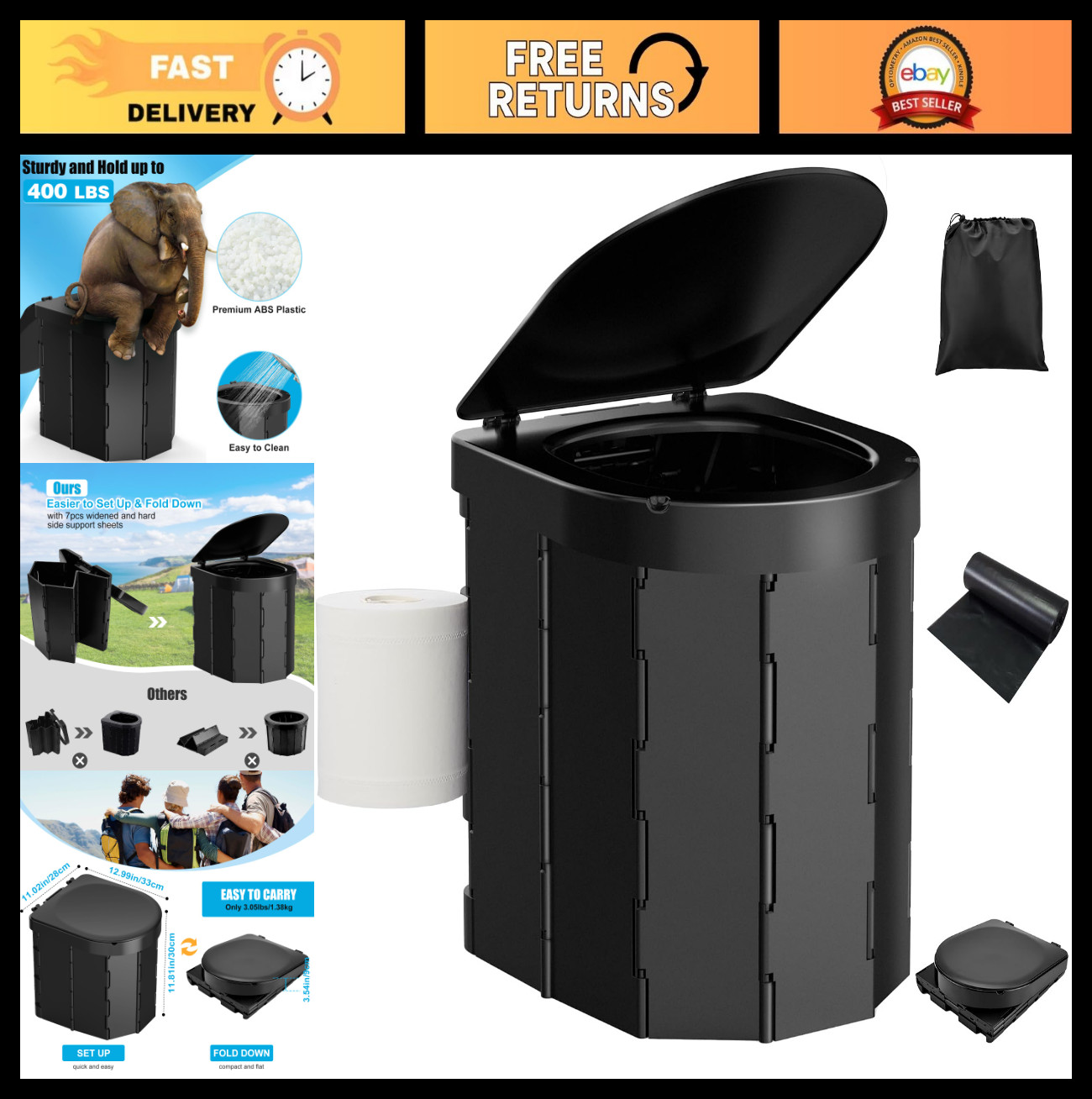 Portable Camping Toilet – Folding Travel Toilet with Lid, Waterproof, Carry Bag