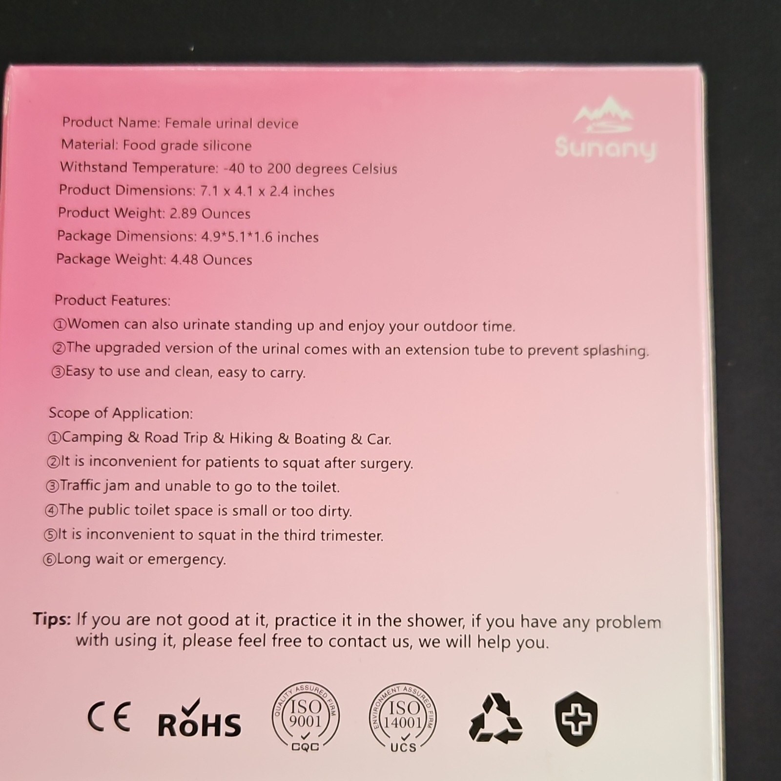 Sunany Pink Silicone Female Urinal Device Portable Spill-proof Extension Tube