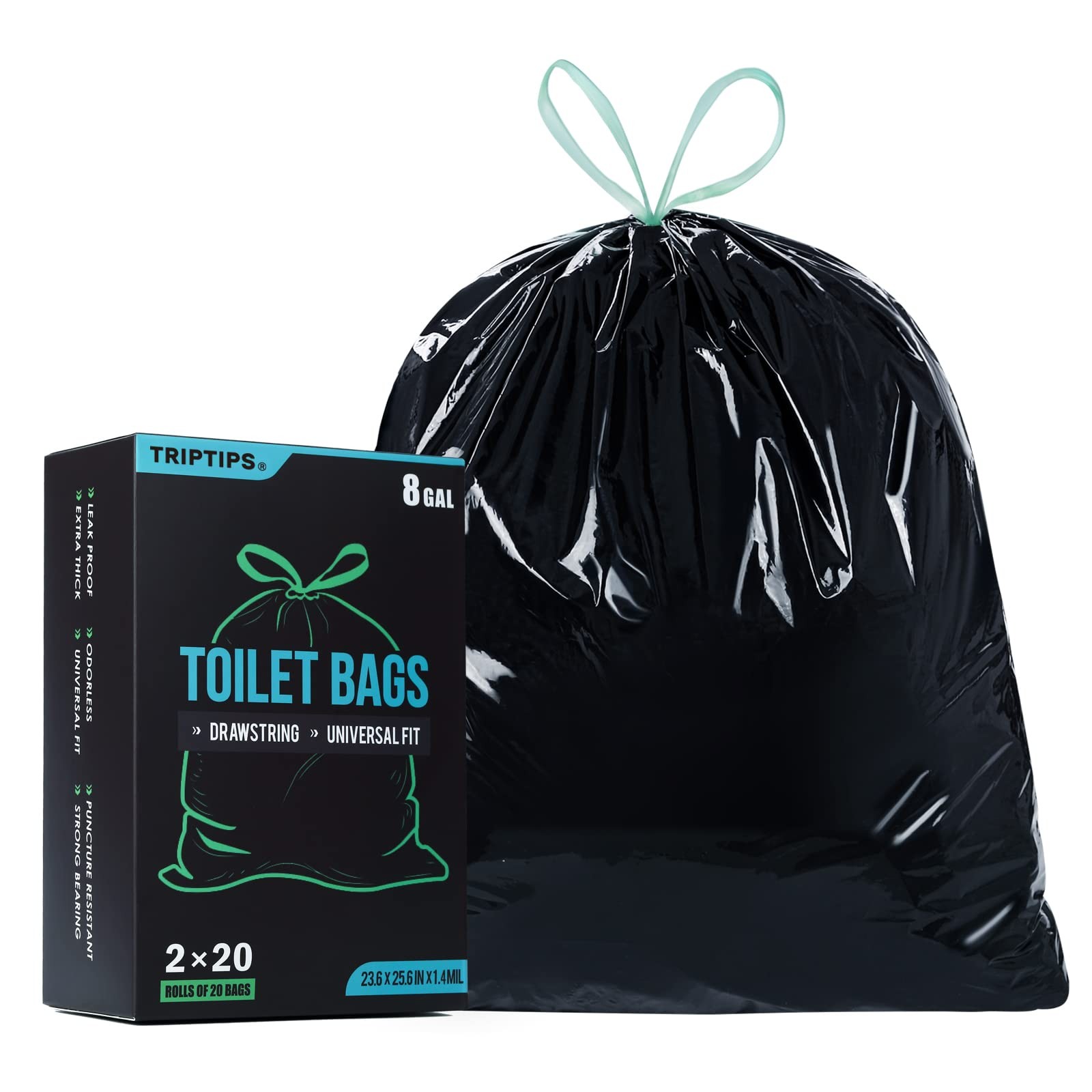 Portable Toilet Bags, 40 Count, 8 Gallon Capacity, Drawstring Design, No-Leak…