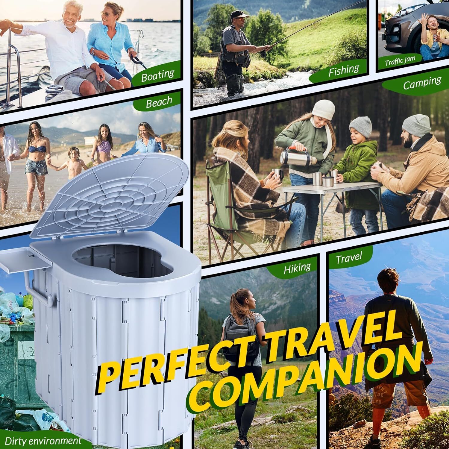 Portable Folding Camping Toilet with Lid and Retractable Toilet Paper Holder US