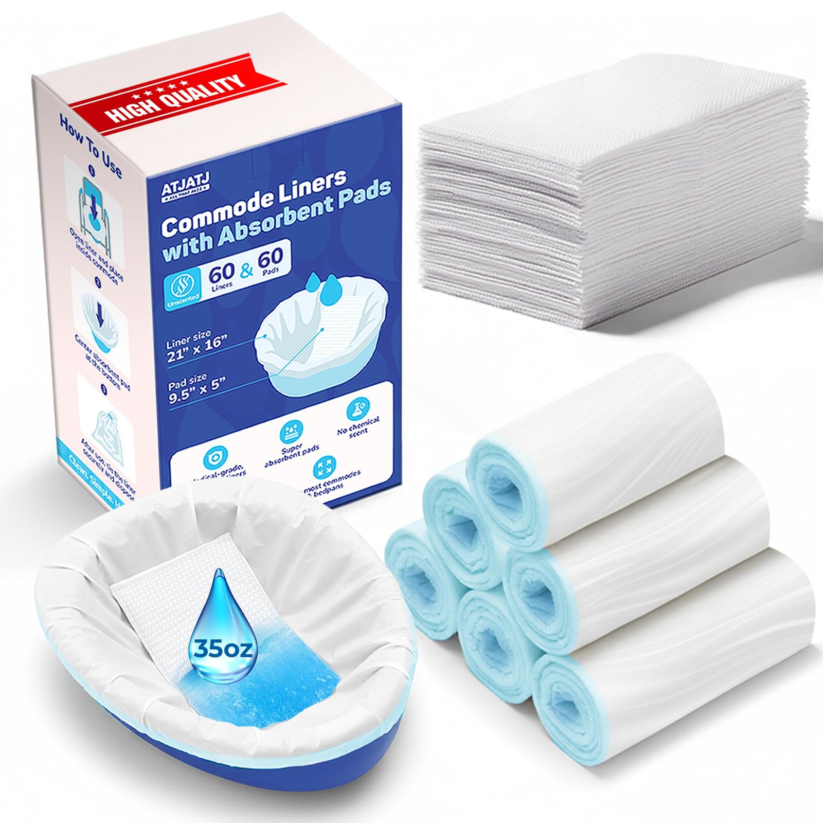 60 Packs Commode Liners With 60 Absorbent Pads, LeakProof Disposable Toilet B…