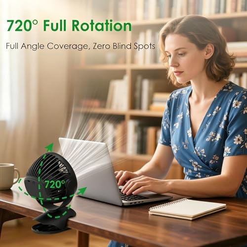 Clip on Fan, 8000mAh USB-C Rechargeable Small Desk Fan, 4-Speed 720° Rotation