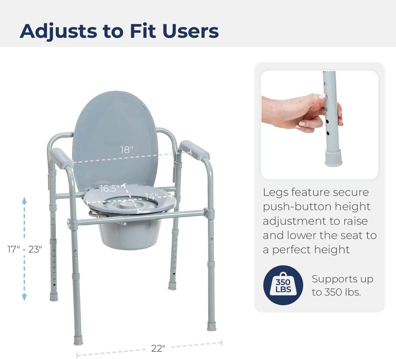 Folding Steel Bedside 3-In-1 Commode Chair Portable Toilet with 7.5 Qt. Bucket