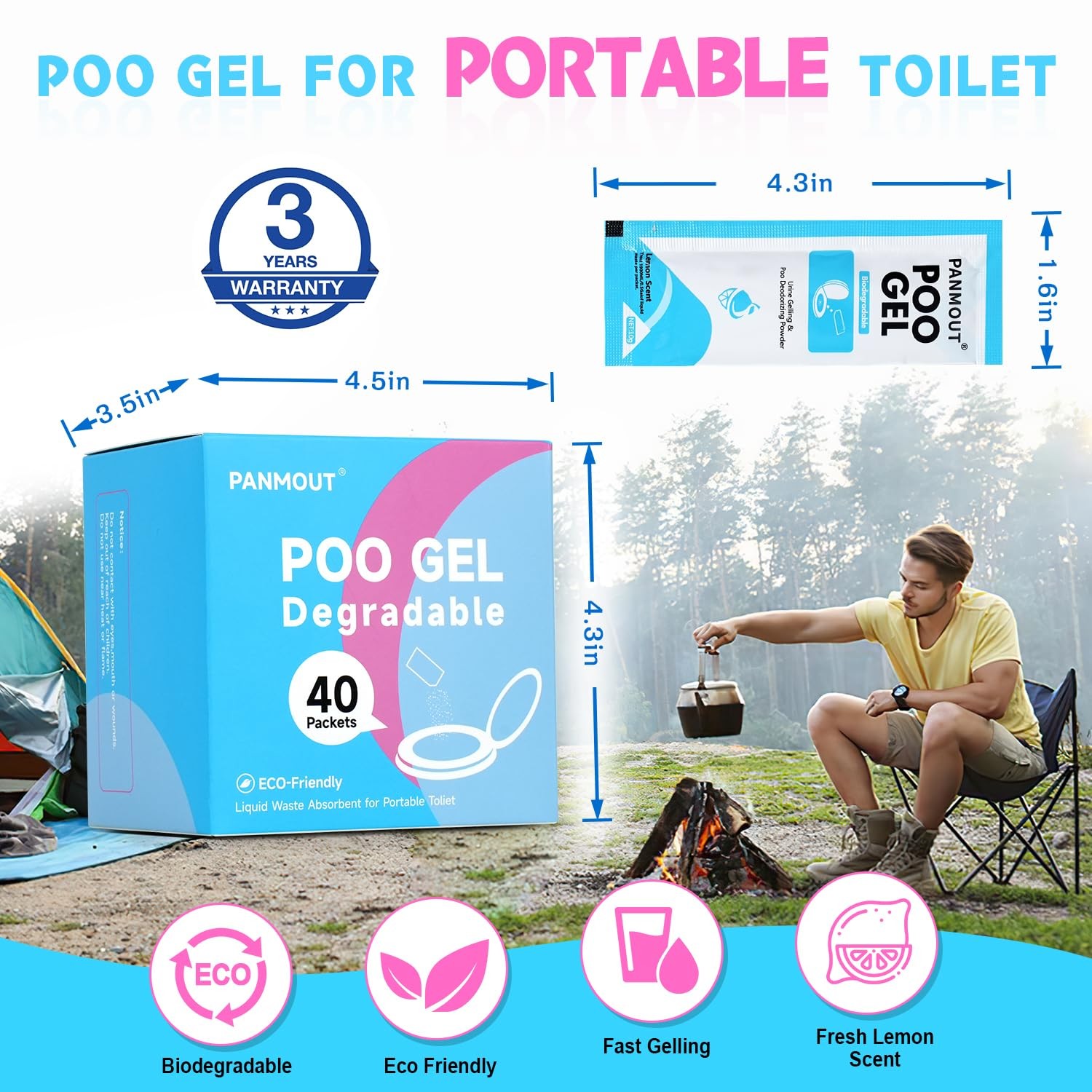 40Packs Poo Gel for Portable Toilet, Absorbent Poo Powder for Liquid Waste and U