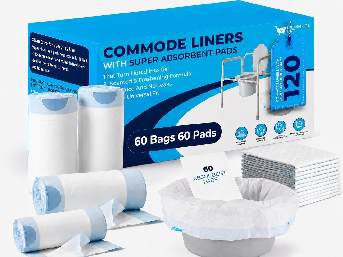 120PCS,60 Disposable Commode Liners,60 Commode Liners Disposable-Portable Toilet
