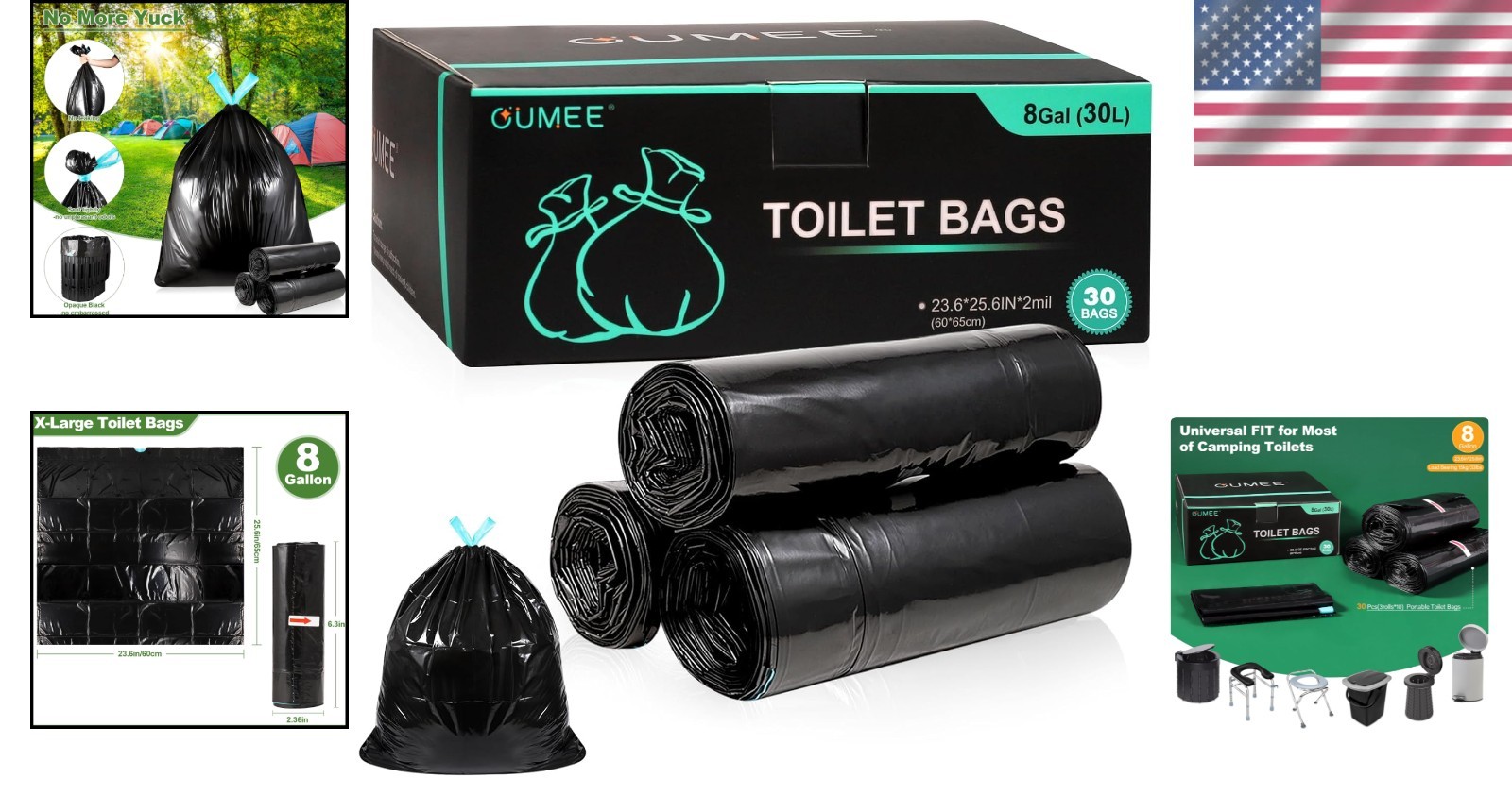 Universal Fit 30 Pack Heavy Duty 8 Gallon Portable Toilet Bags for Camping