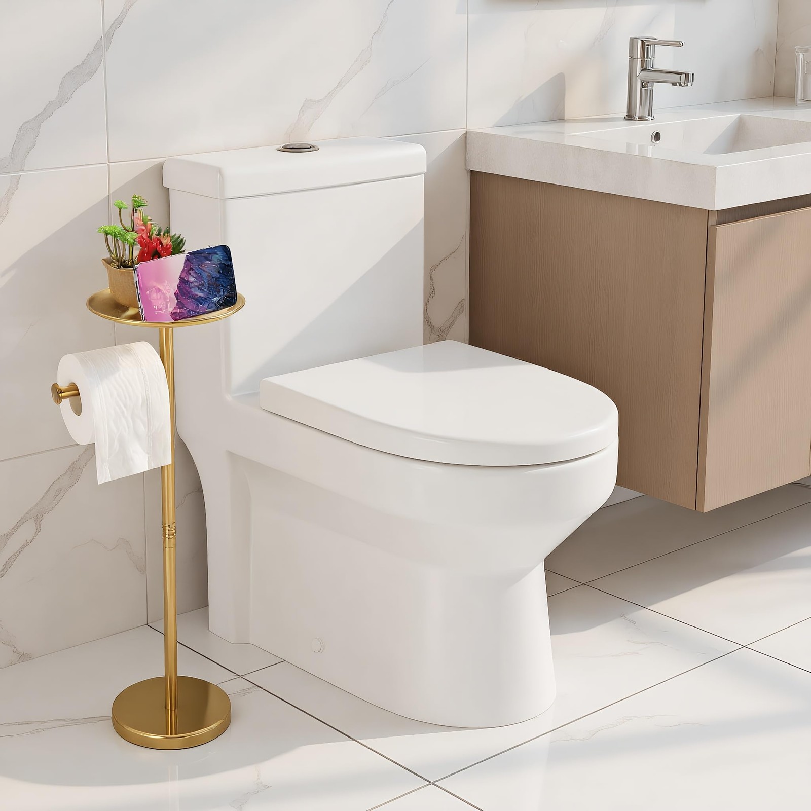 Toilet Paper Holder Stand Gold with Shelf on Top, Sturdy TP Roll Holder Floor St