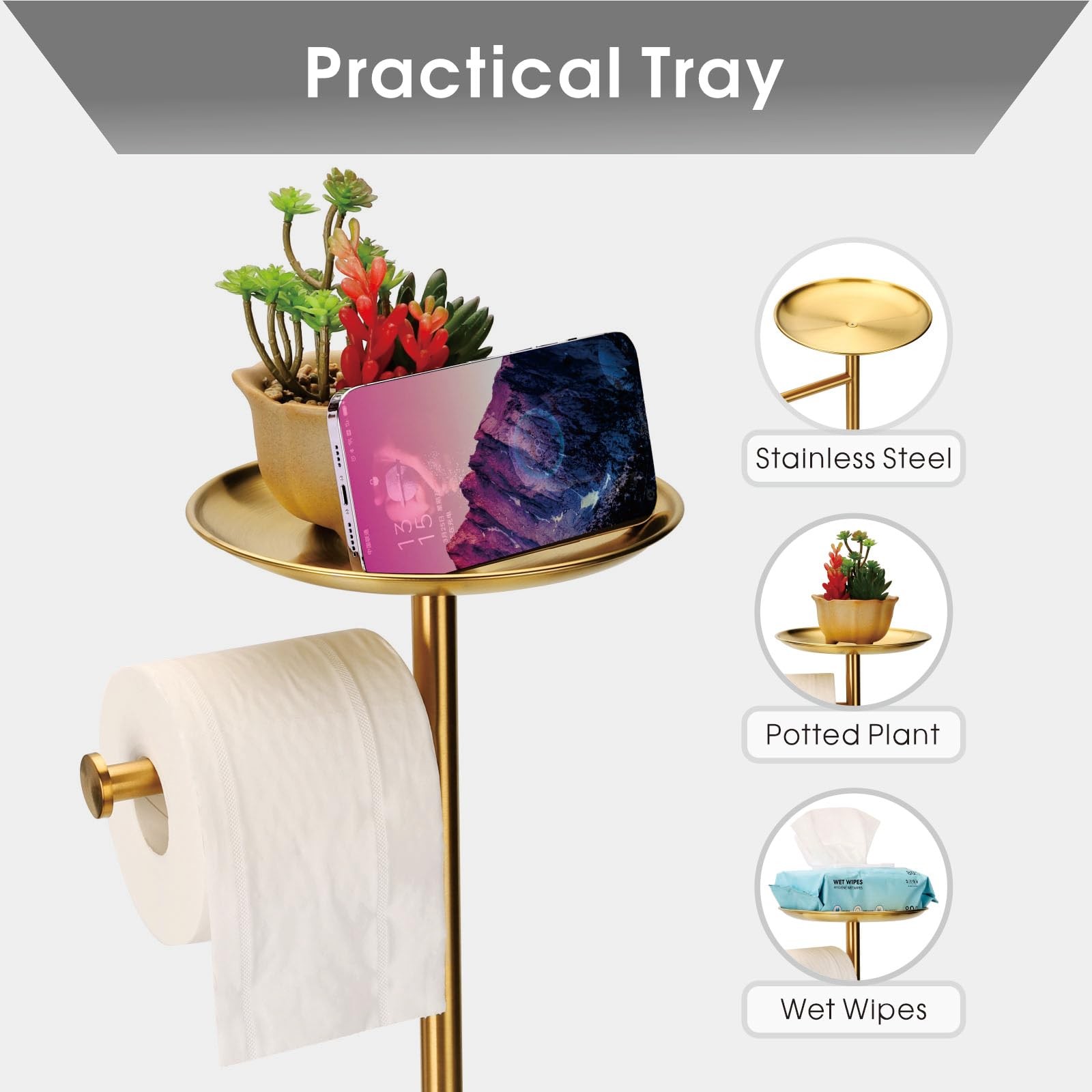Toilet Paper Holder Stand Gold with Shelf on Top, Sturdy TP Roll Holder Floor St