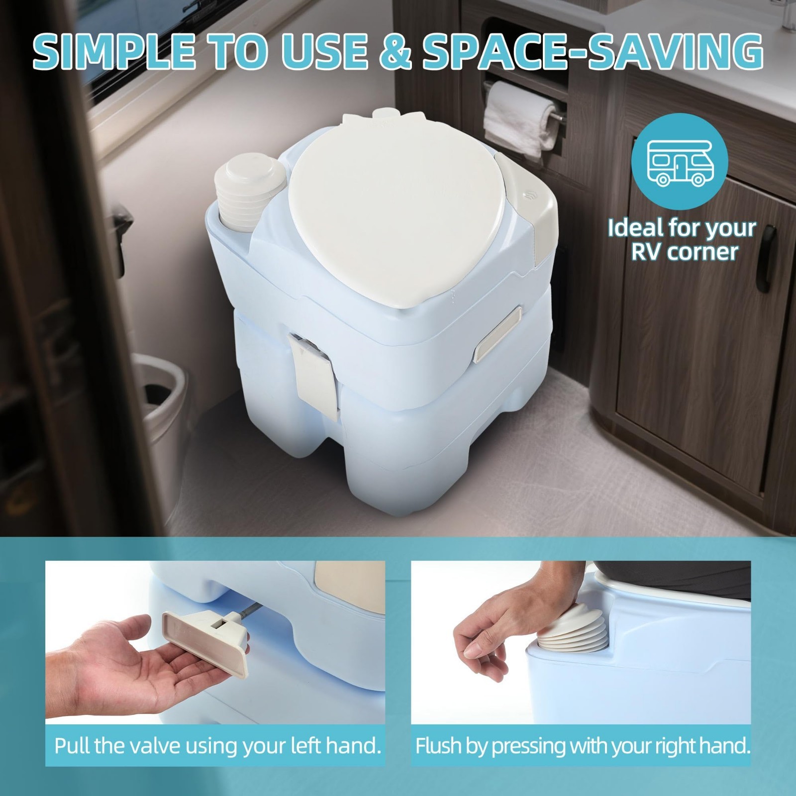 Portable 5.28 Gallon Camping Toilet, RV Diagonal Elongated Bowl, Leak-Proof Port