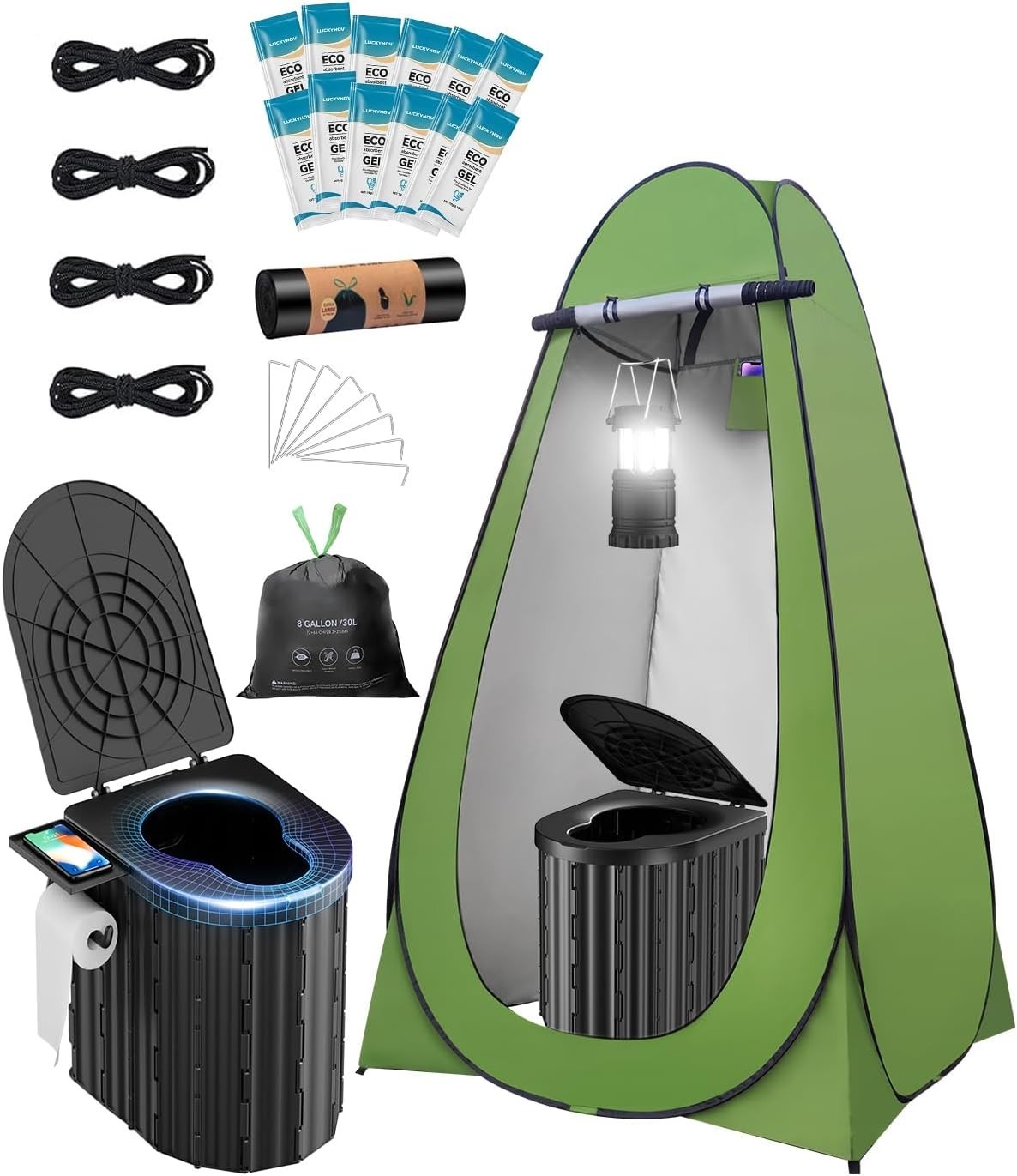Portable Toilet Kit with Privacy Tent Urine Gel Bags Camping Lantern Outdoor