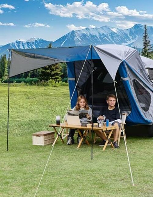SUV Tailgate Tent with Three Sides Awning and Poles, Water Large-New Grey Blue