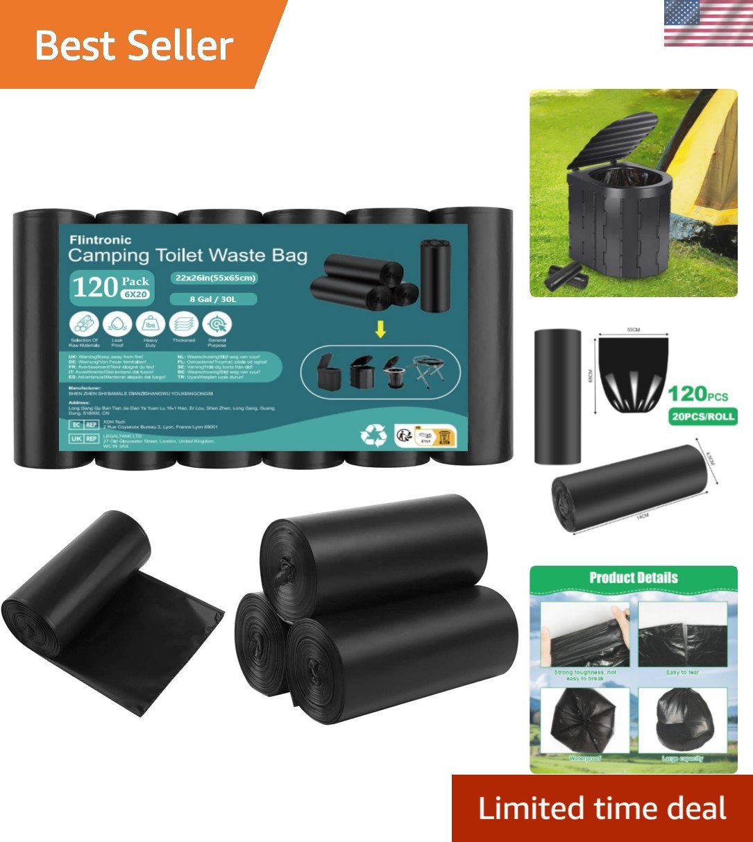 Camping Toilet Bags 120 Pack – Heavy Duty Portable Waste Liners