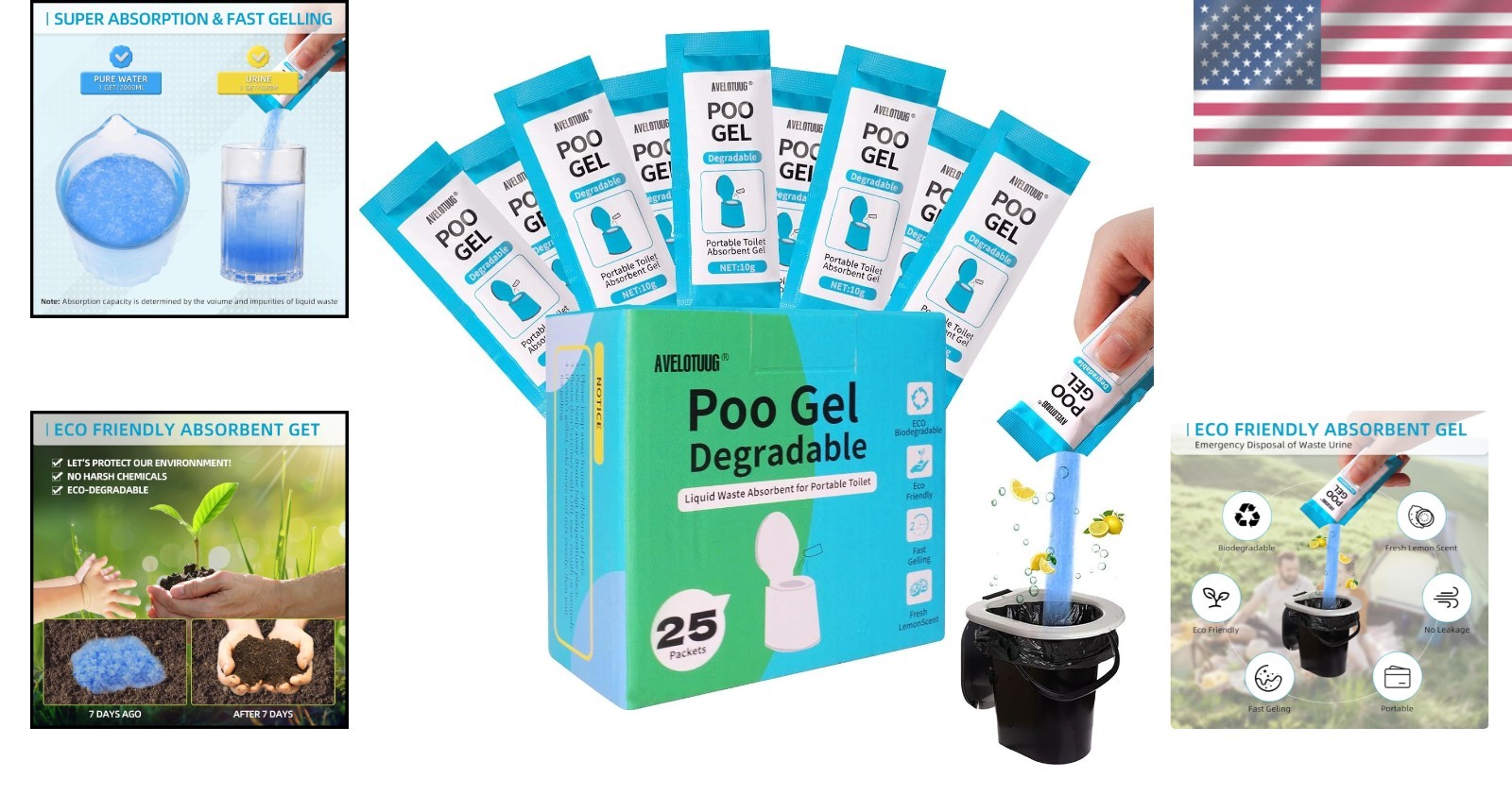 Fast-Acting Deodorizing Gel Powder for Portable Toilets – 25 Packs, Lemon Scent