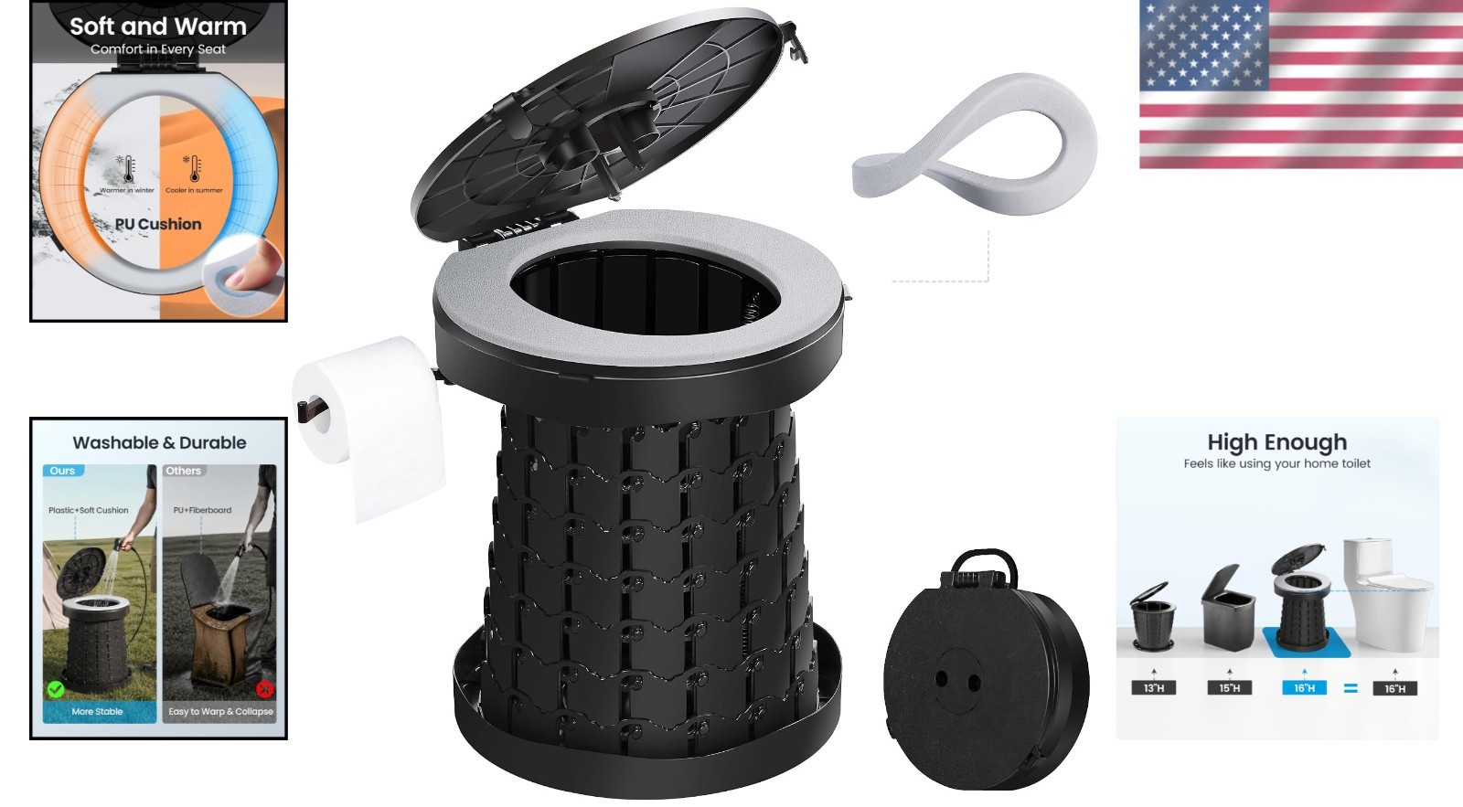Comfortable Foldable Camping Toilet – Charcoal Black with User-Friendly Features