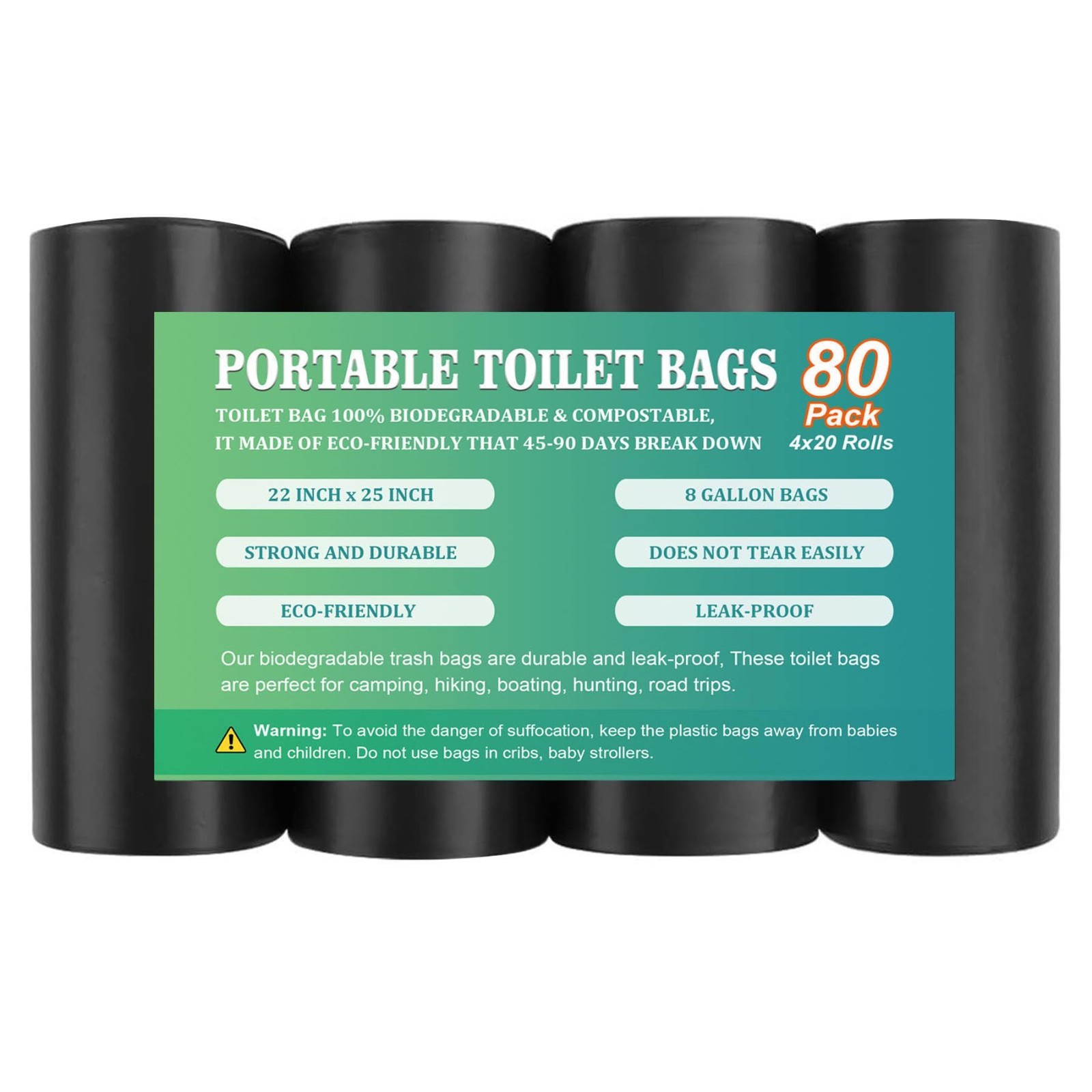 80 PCS Biodegradable Portable Toilet Bags – 8 Gallon Waste Bags for Camping, Tra
