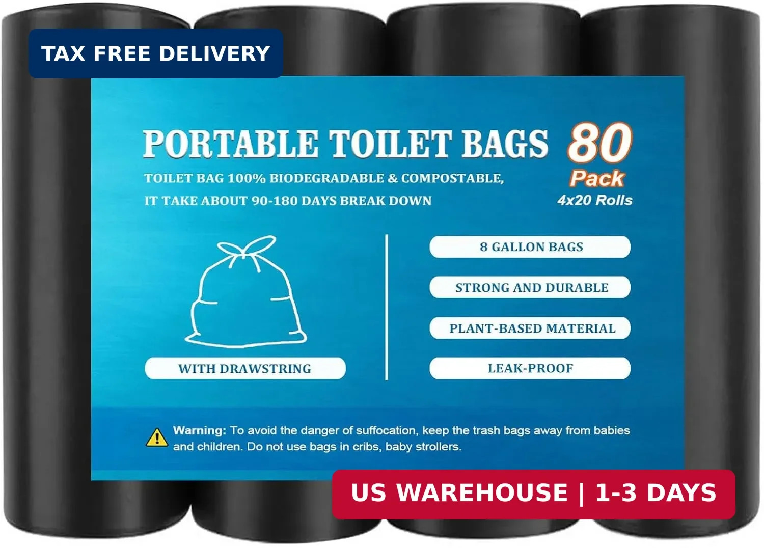 80 PCS Portable Toilet Bags with Drawstring, Biodegradable Porta Potty Bags – 8