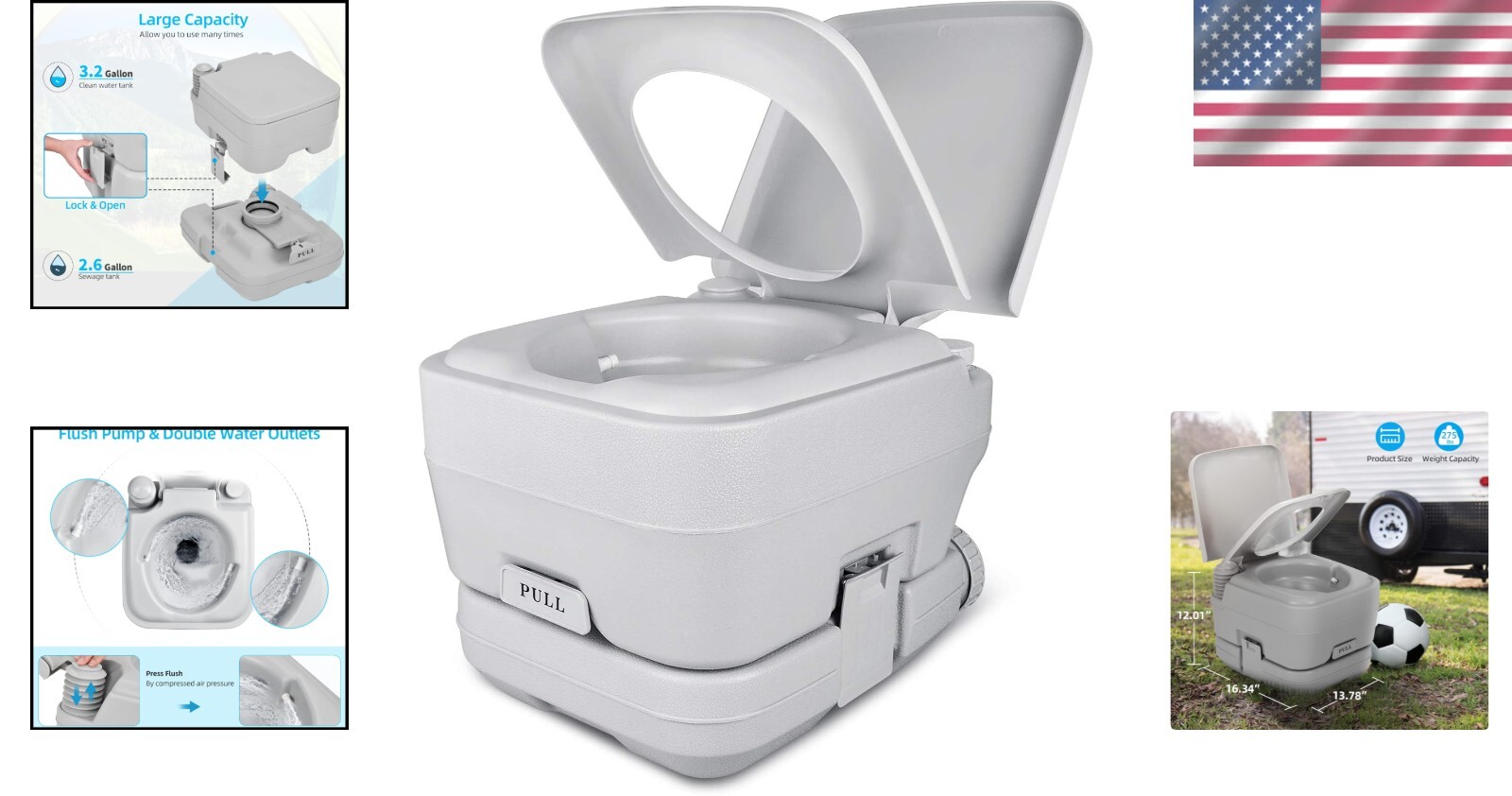 Compact 3.2 Gallon Portable Toilet with Double Outlets for Camping Trips