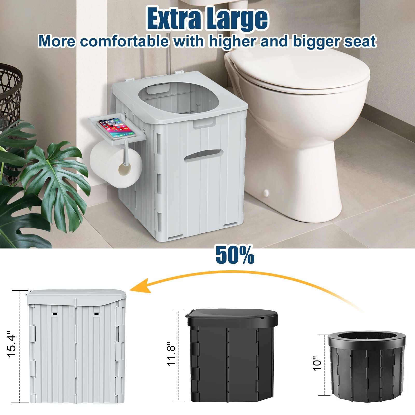 Extra Large Portable Camping Toilet with Lid, Phone Shelf and Paper Holder