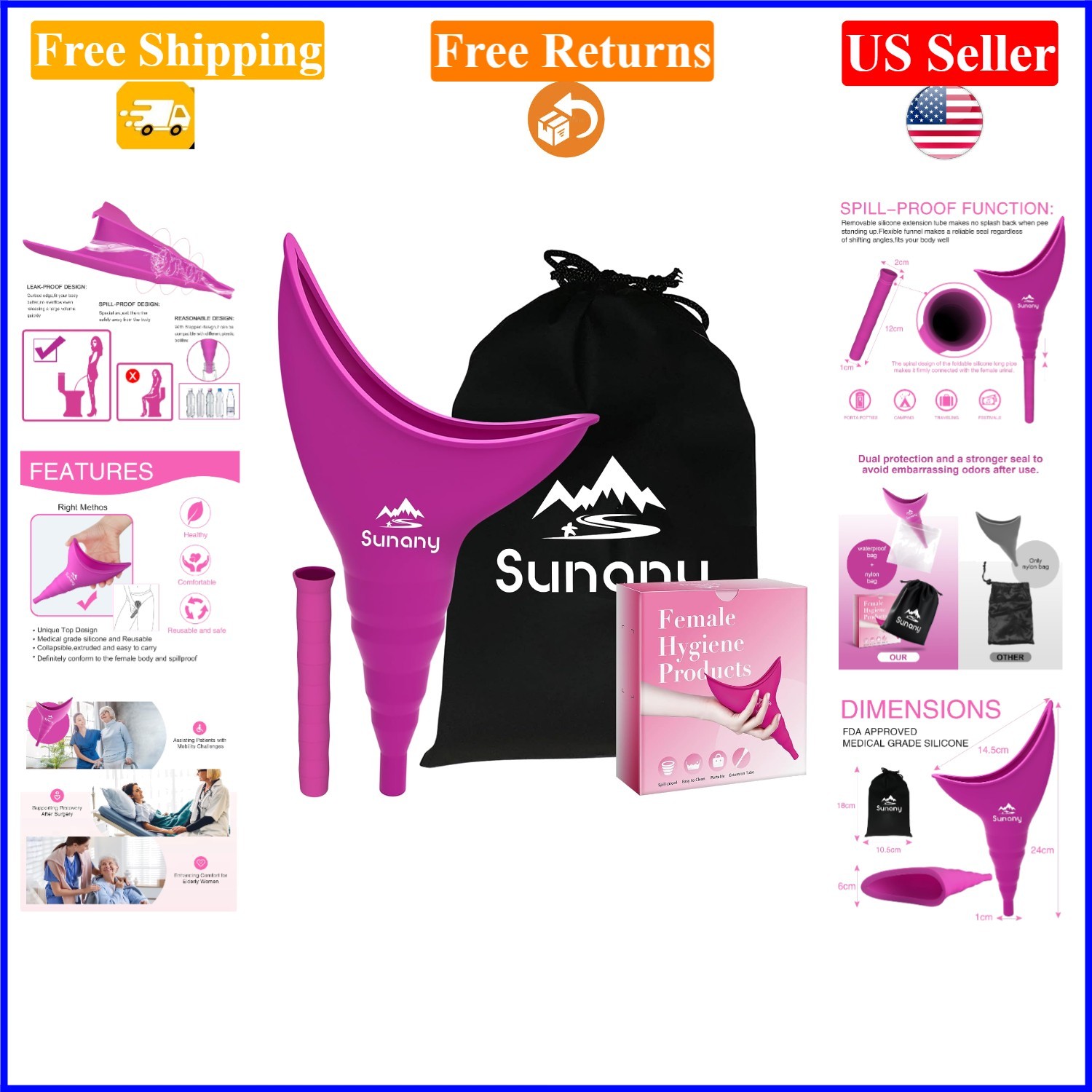 Pink Silicone Reusable Female Urinal, Portable & Easy to Use