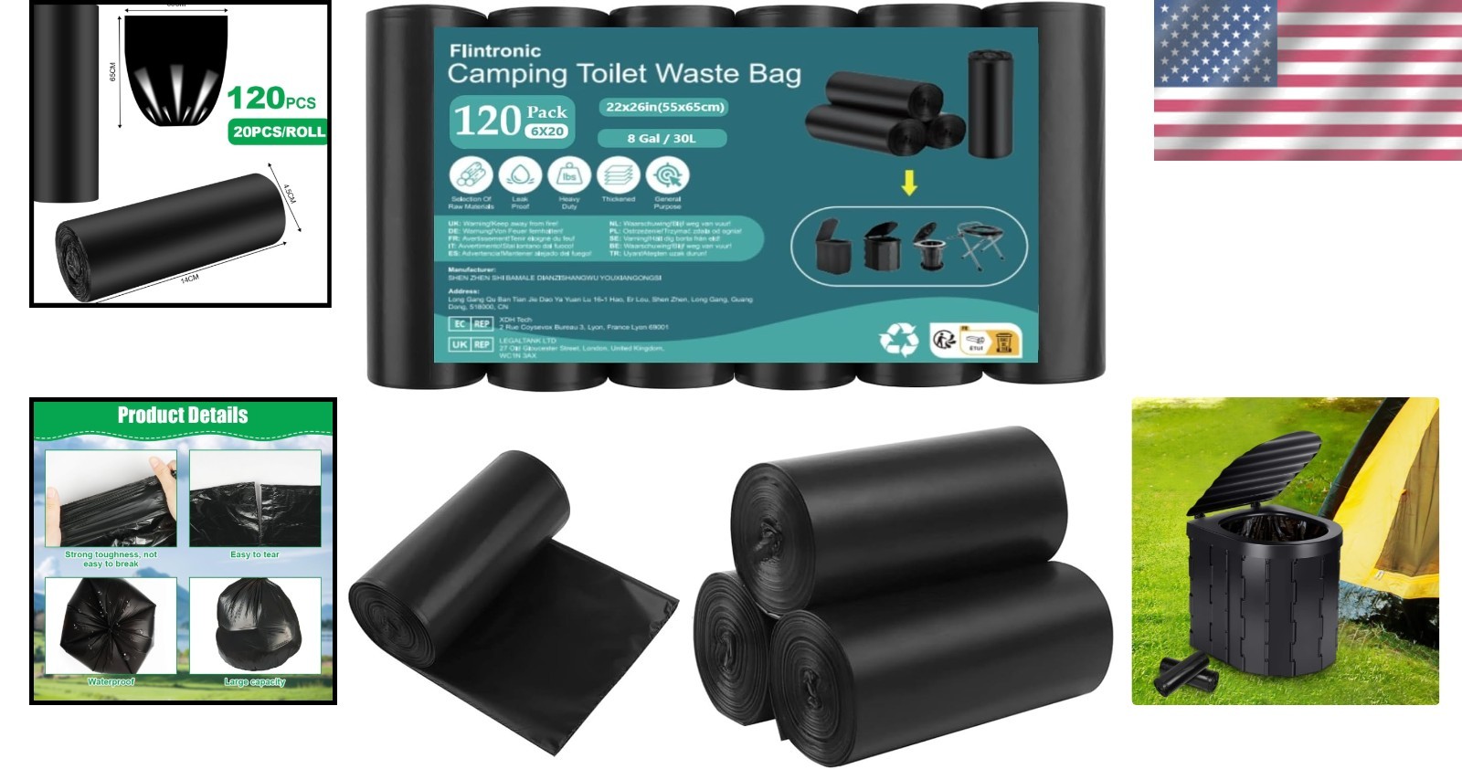 120 Pack Camping Toilet Bags 30L Heavy Duty Portable Waste Liners Black