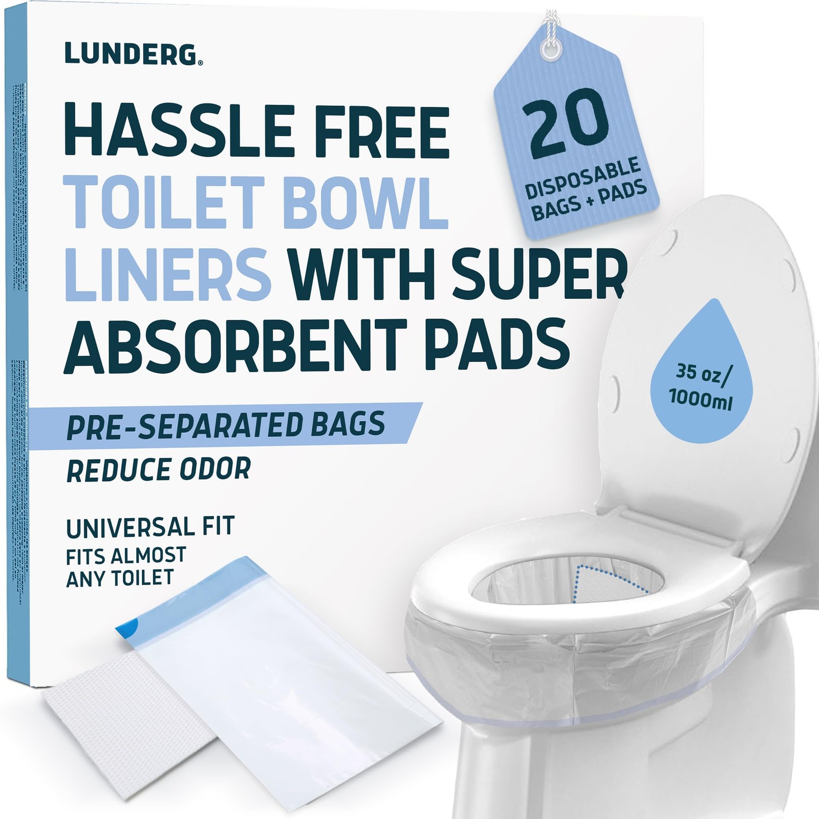 Lunderg Toilet Liners with Super Absorbent Pads – 20 Count (Pack of 1), White