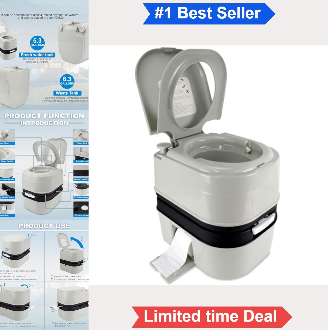 Portable Camping Toilet 6.4 Gallon 24L Piston Flush Detachable Travel Toilet