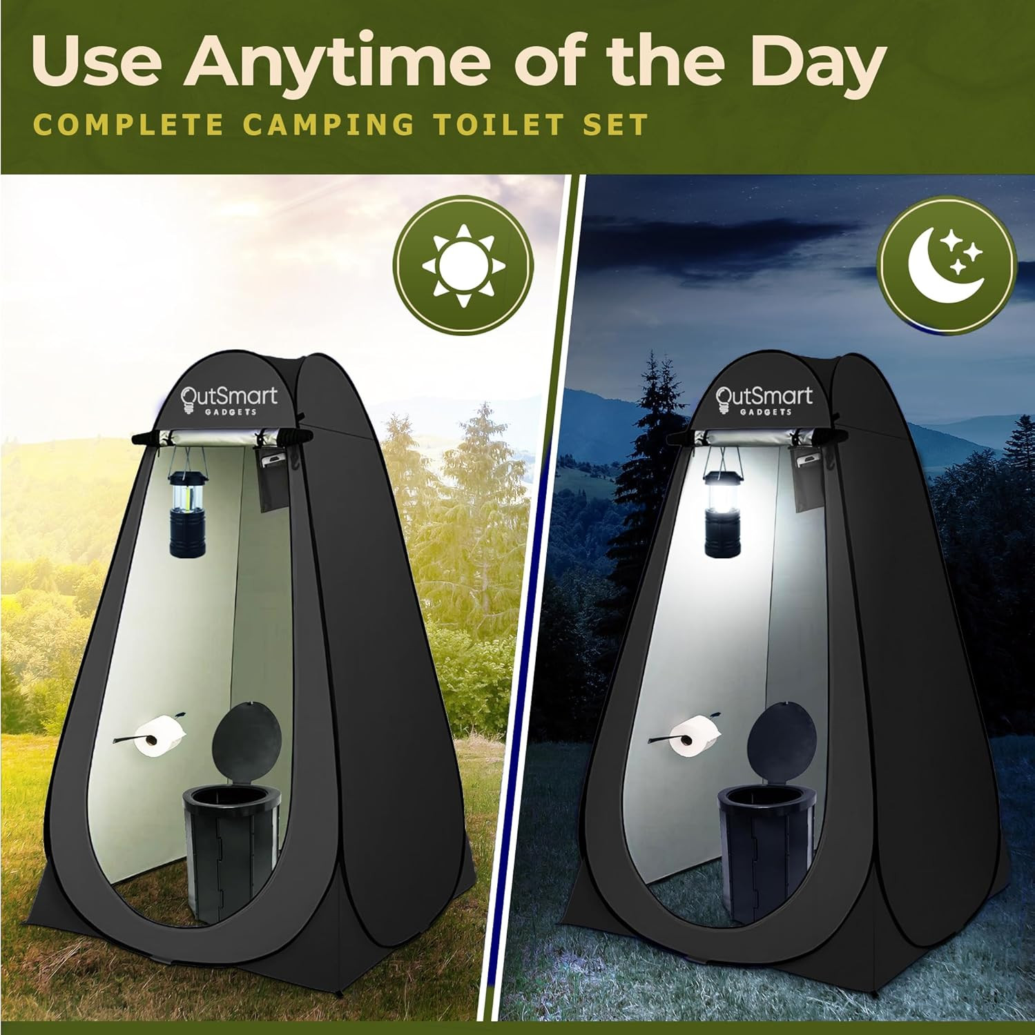 Outdoor Portable Toilet Set for Adults with Camping Night Lantern, Folding XL To