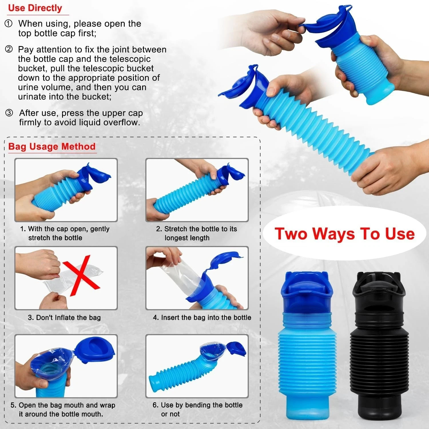 Portable Urinal Bottle 2 Pack 750ml Leakproof Car Travel Pee Bottle Blue Black