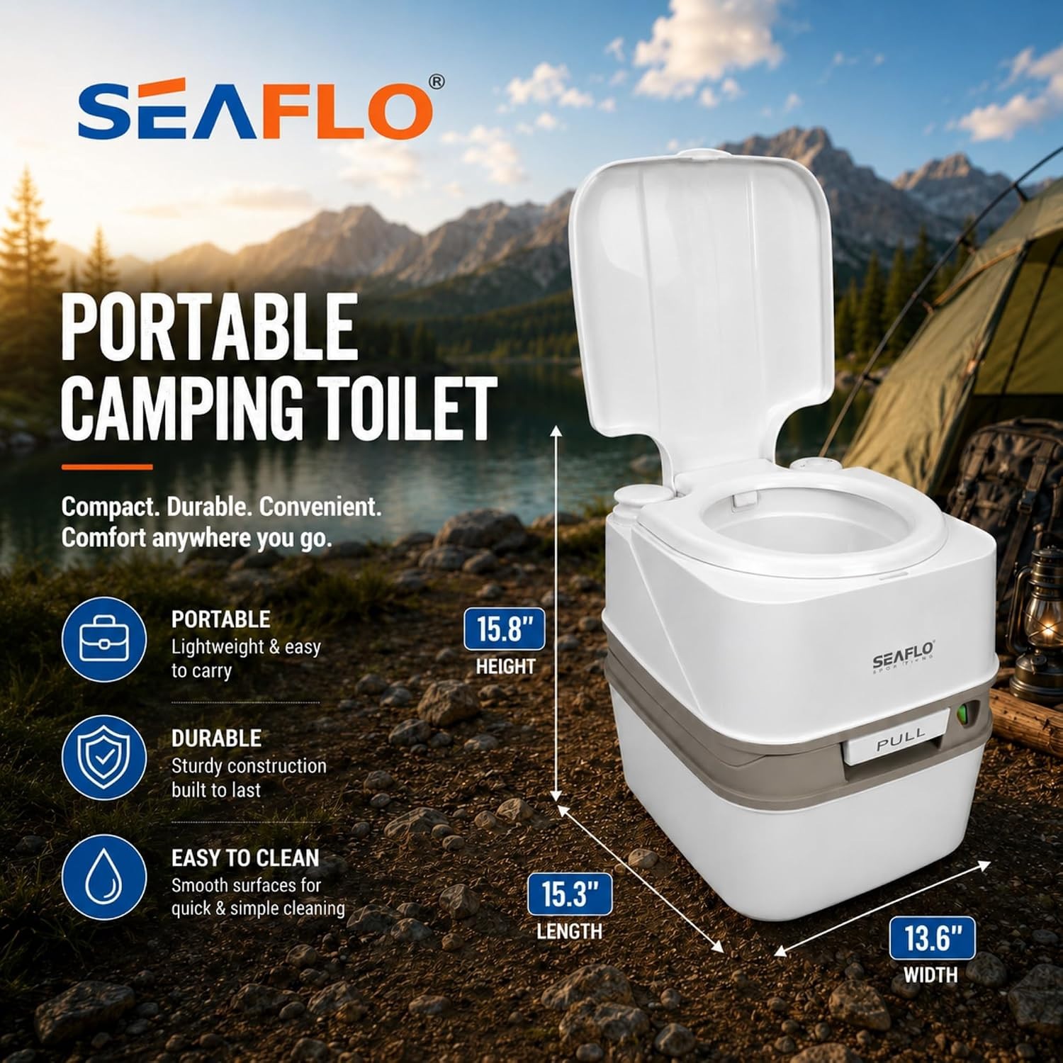 SEAFLO 18L Portable Camping Toilet Manual Flush RV Caravan Boat 4 Year Warranty