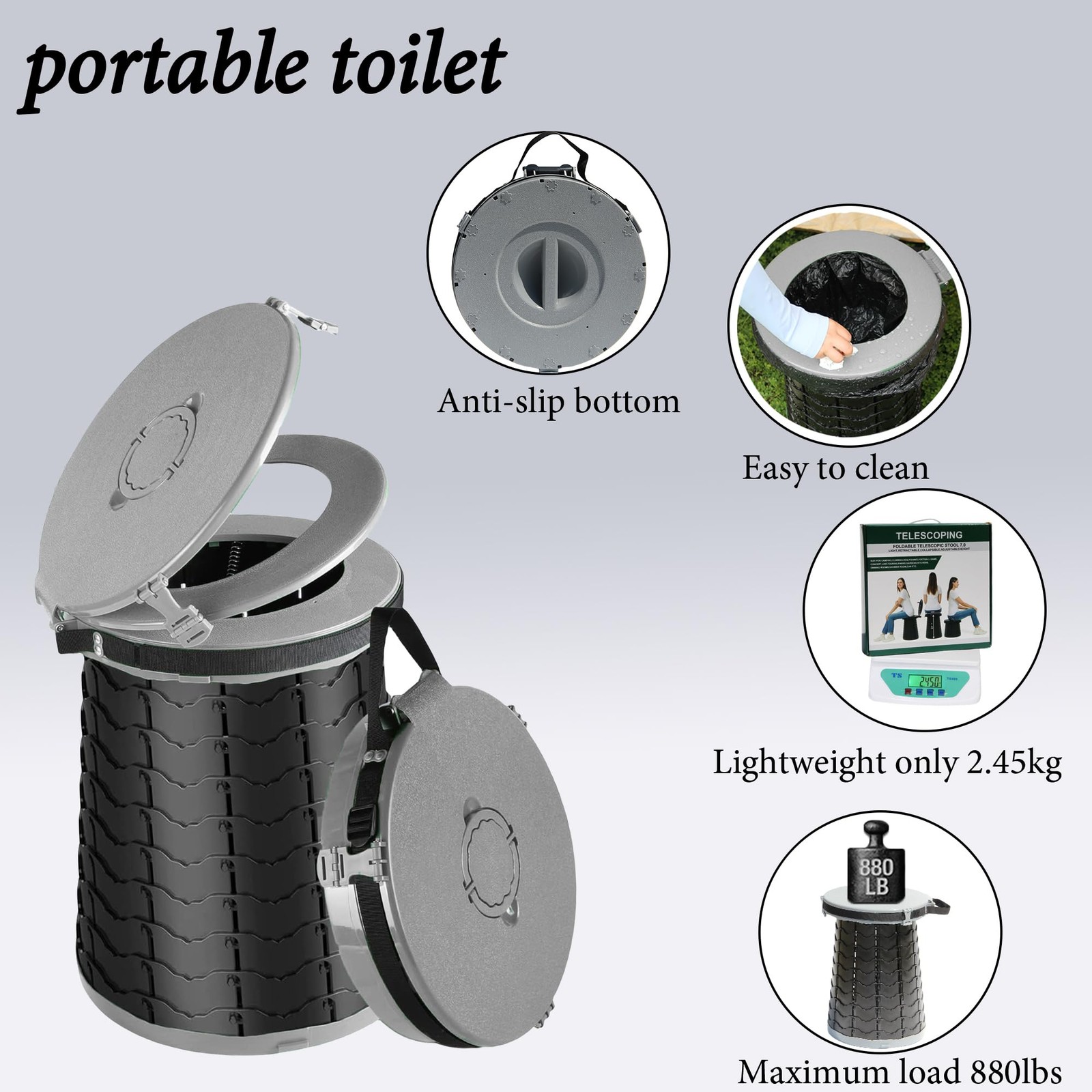 XXL Portable Toilet -19.7″H 15″ D Adjustable Foldable Camping Toilet, Luggabl…