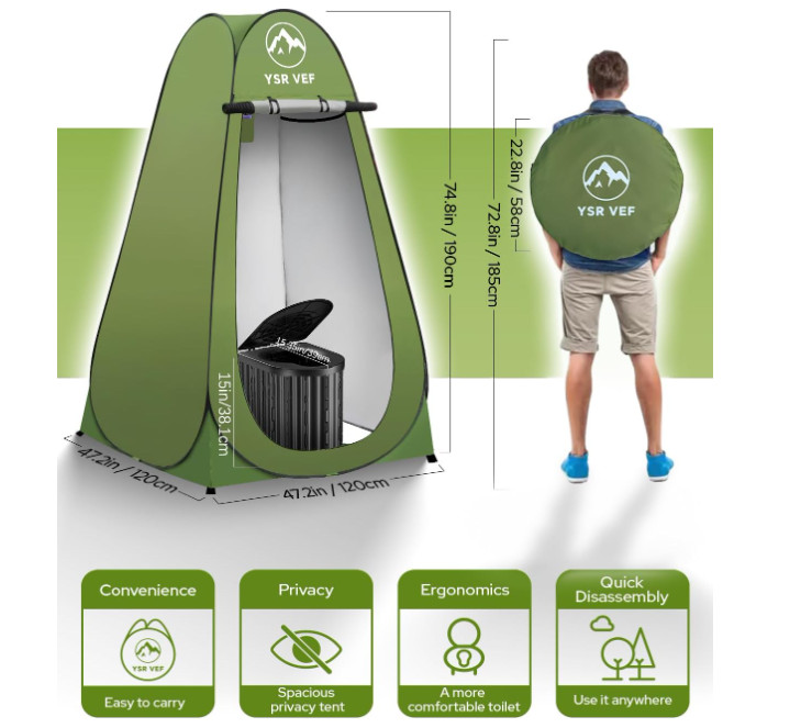 Inodoro portátil camping con tienda emergente y gel, cómodo para todos. Nuevo