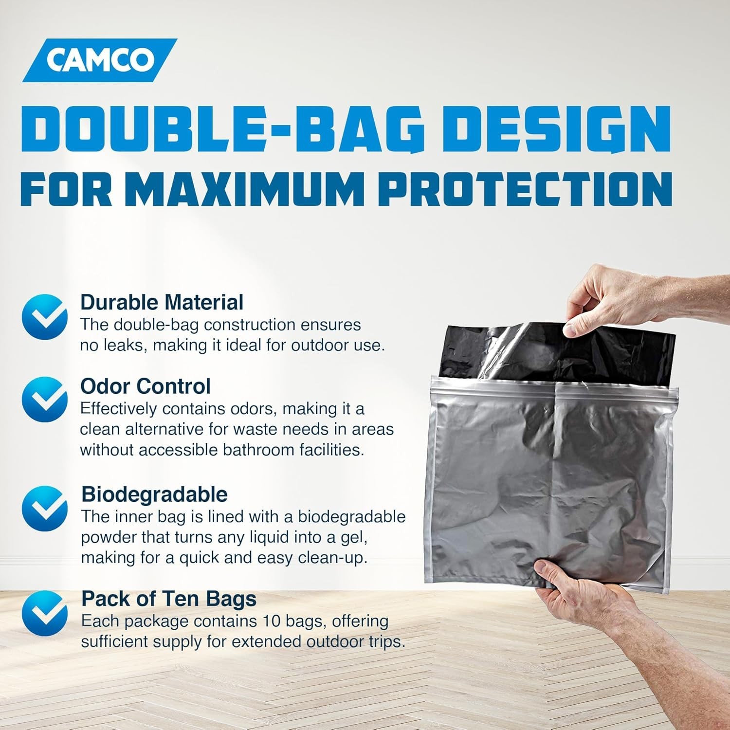 10-Pack Portable Toilet Waste Bags with Biodegradable Powder Leakproof Double