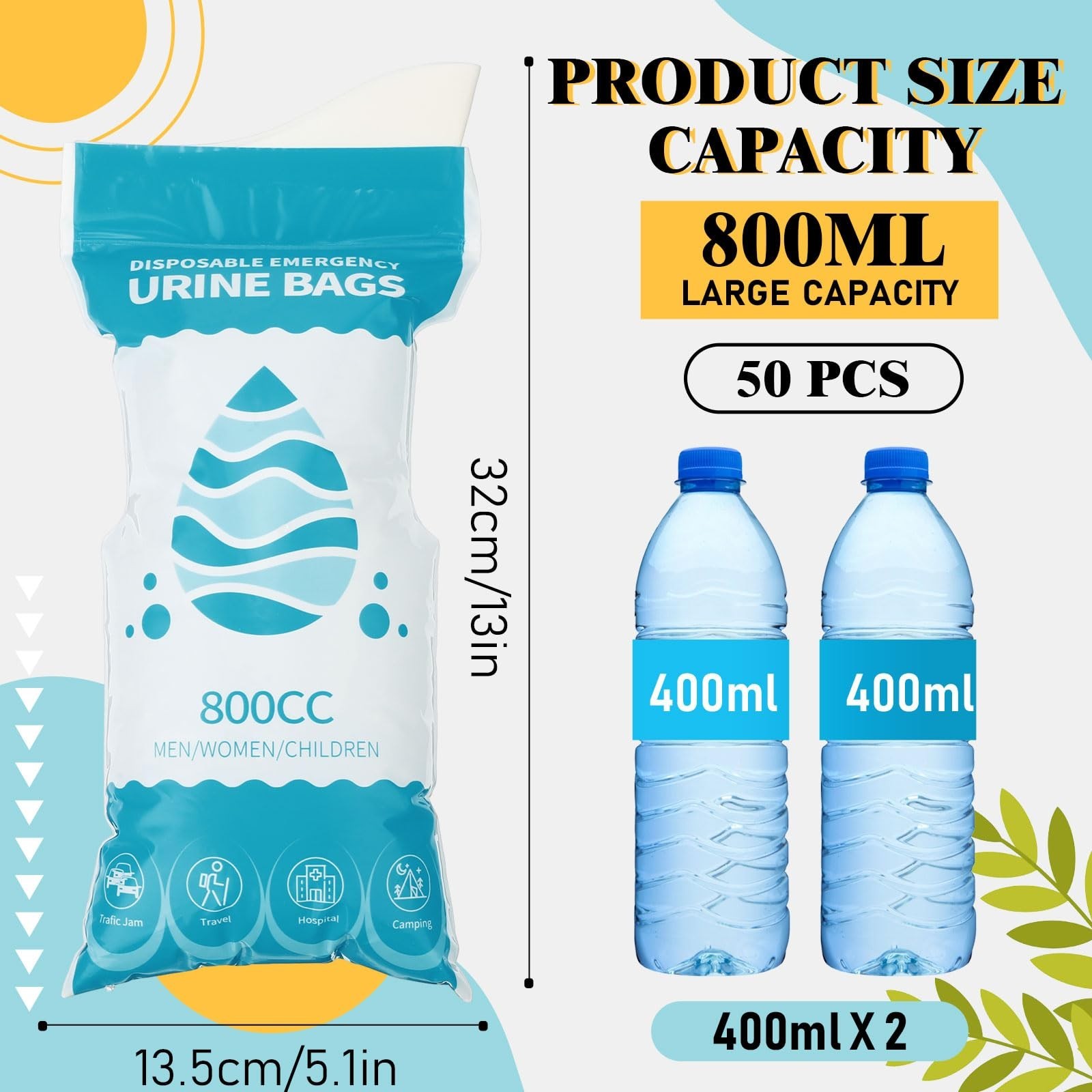 50 Disposable Urinal Bags – Portable Pee Bags for Travel, Camping, Emergencies
