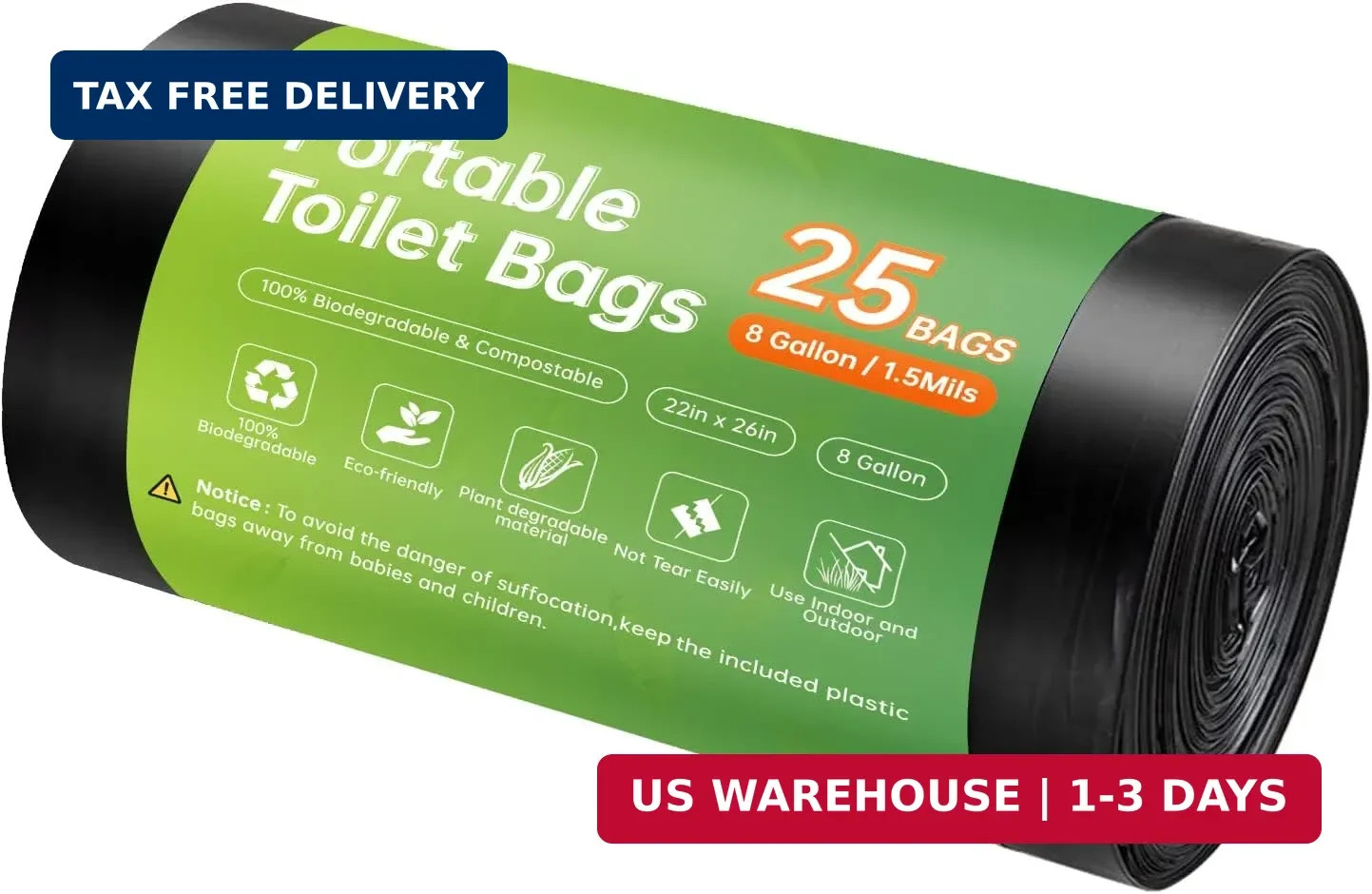 Portable Toilet Replacement Bags, 25 Count 8 Gallon 1.5 Mil Super Thickened Comp