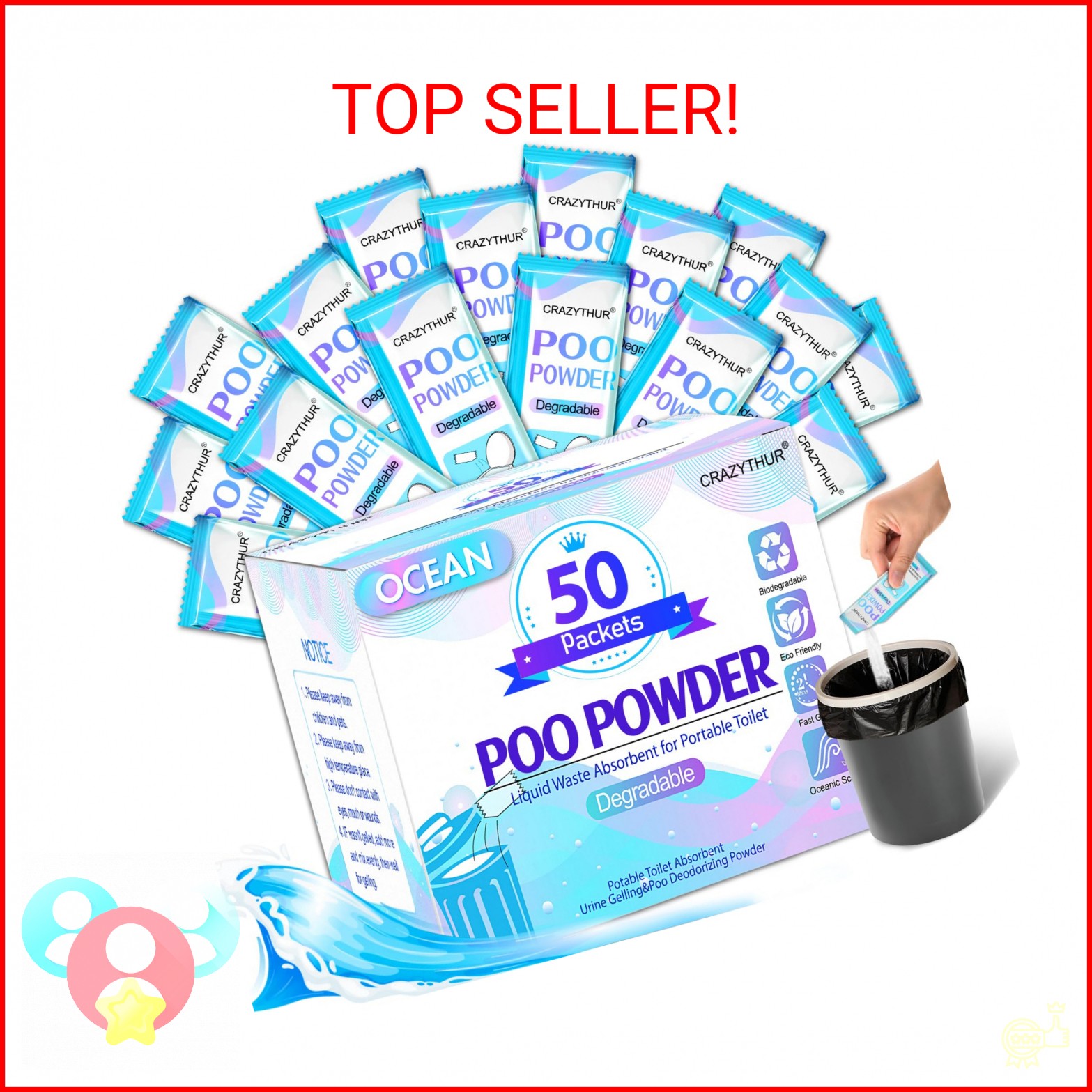 CRAZYTHUR Portable Toilet Gel, 50 Packets Poo Powder for Portable, Camping Toile