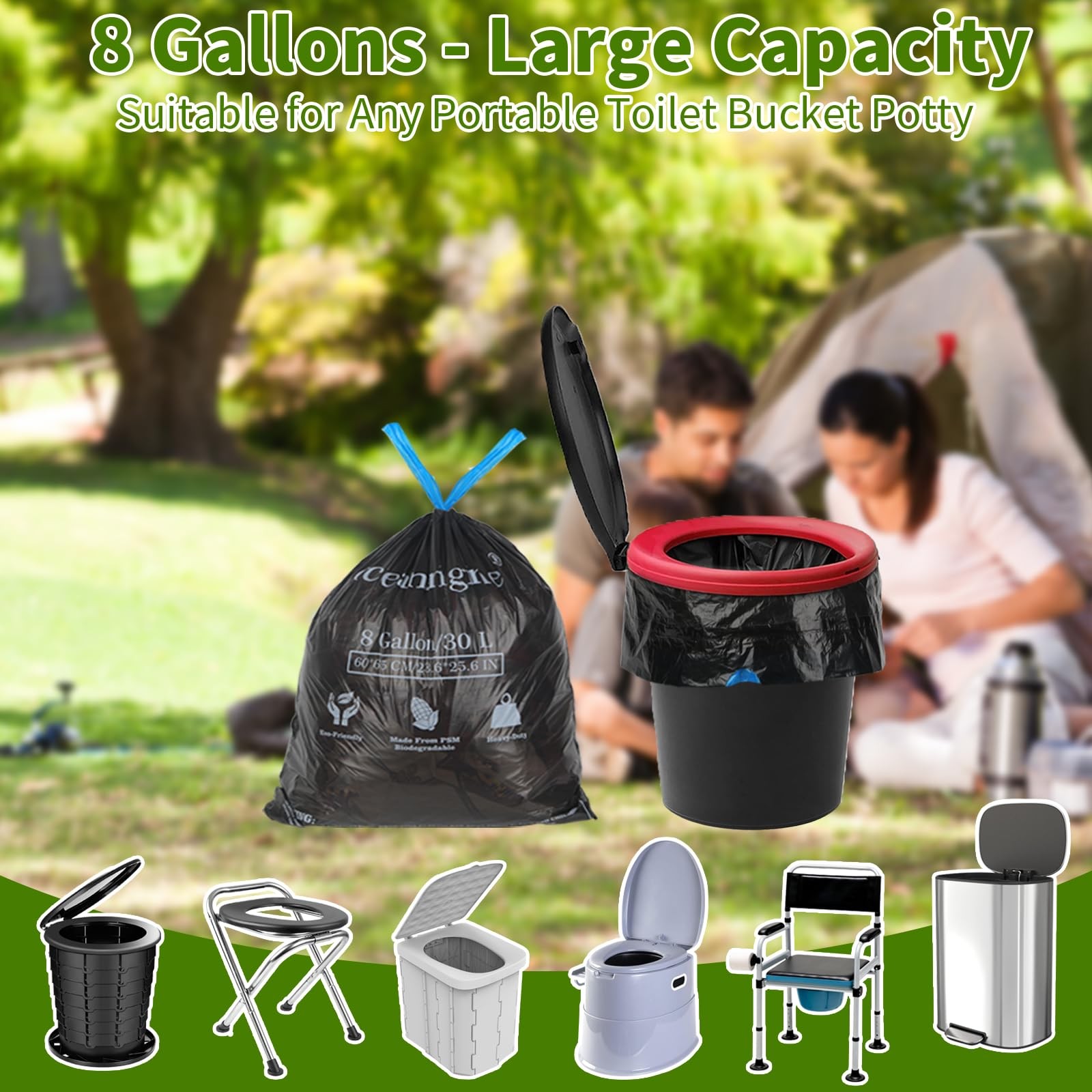 Portable Toilet Bags 8 Gallon, 23.6 x 25.6 in, Drawstring – Camping Waste Bags