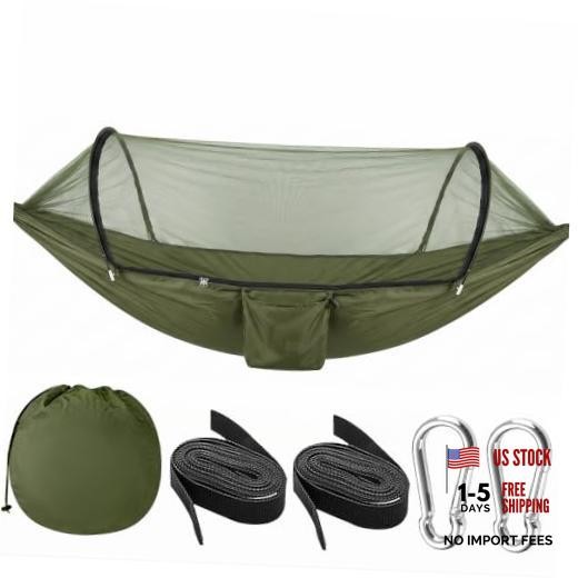 Ultra-Light Travel Camping Hammock with Pop-up Bug Net Hammock, Army Green