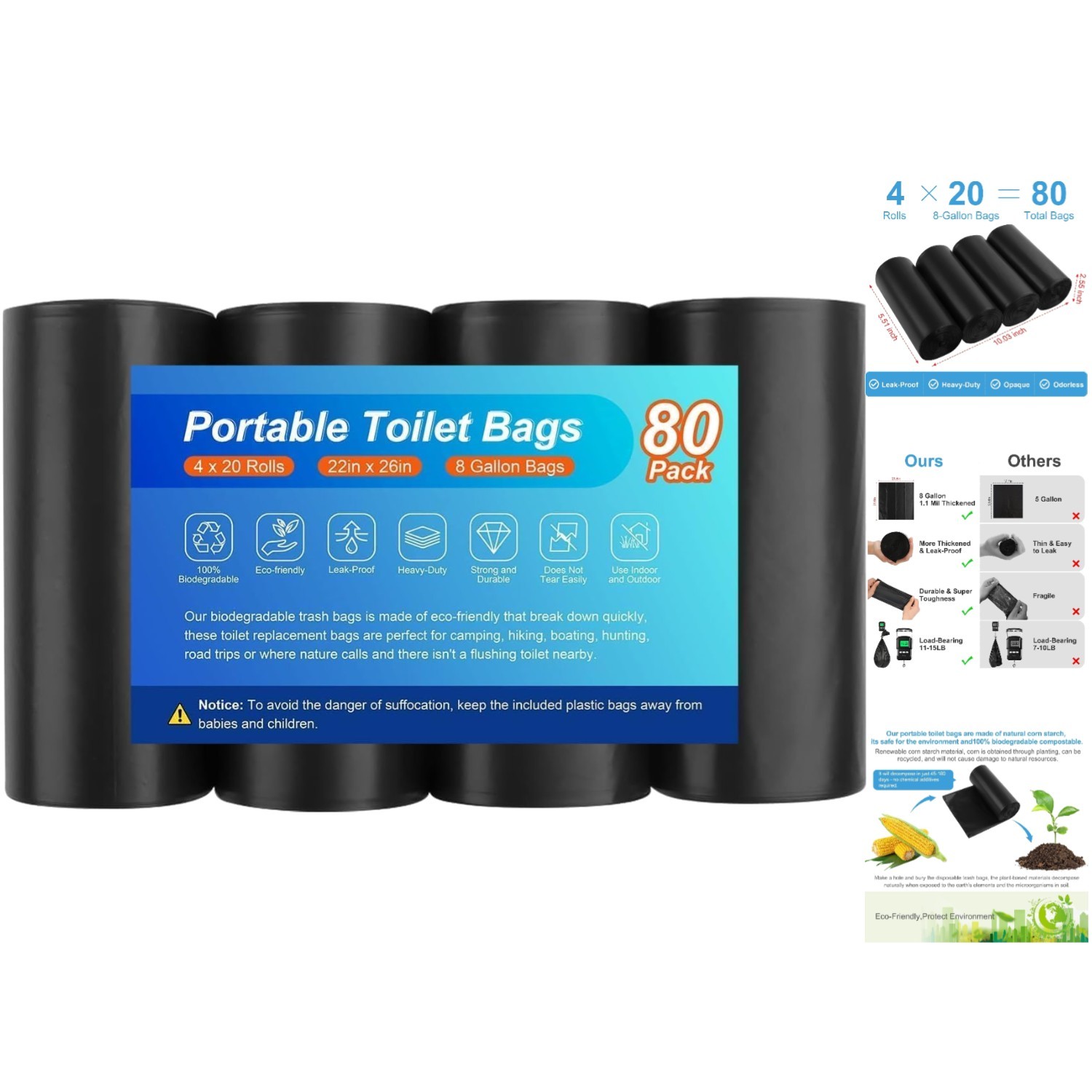 80 Biodegradable Camping Toilet Bags – 8 Gallon Compostable Waste Disposal