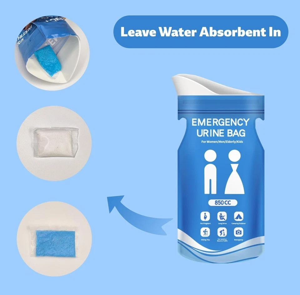 12pc 850Cc Disposable Potty Pee Urine Urinal Bag Emergency Portable Men/Women