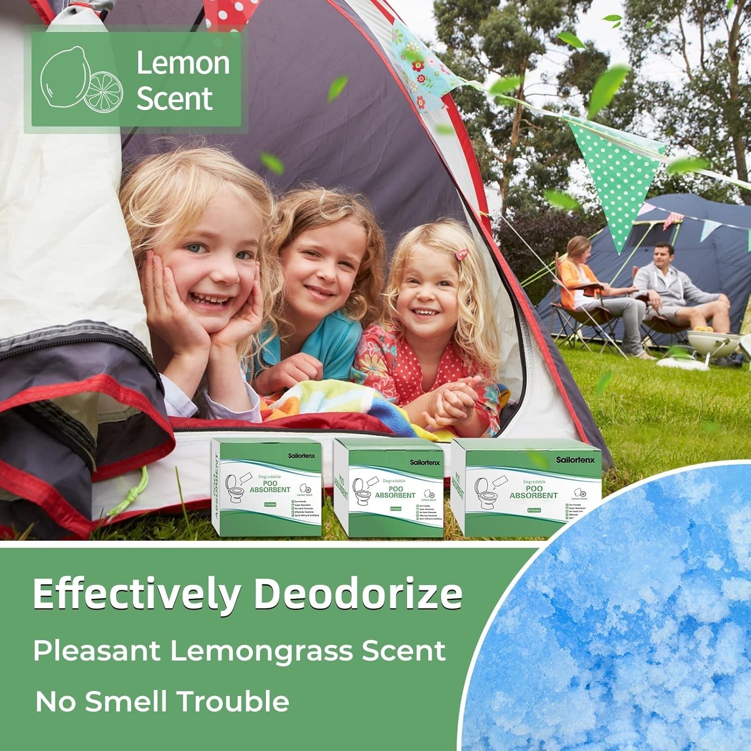 Eco-Friendly Portable Toilet Absorbent – Fast-Gelling Lemon-Scented Gel 15 Pack