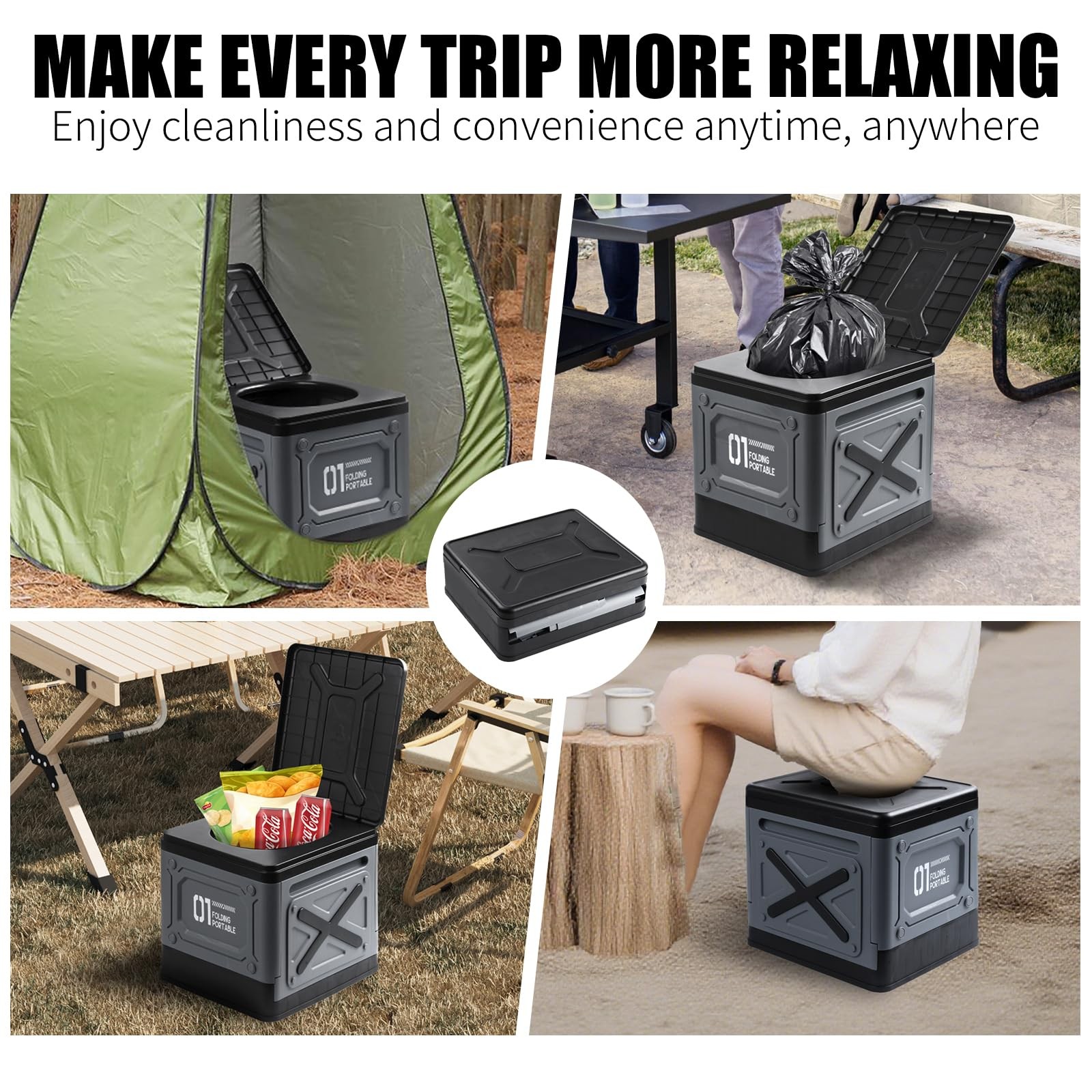 Portable Toilet for Adults, Collapsible Travel Toilet for Camping, Car, Boat & E