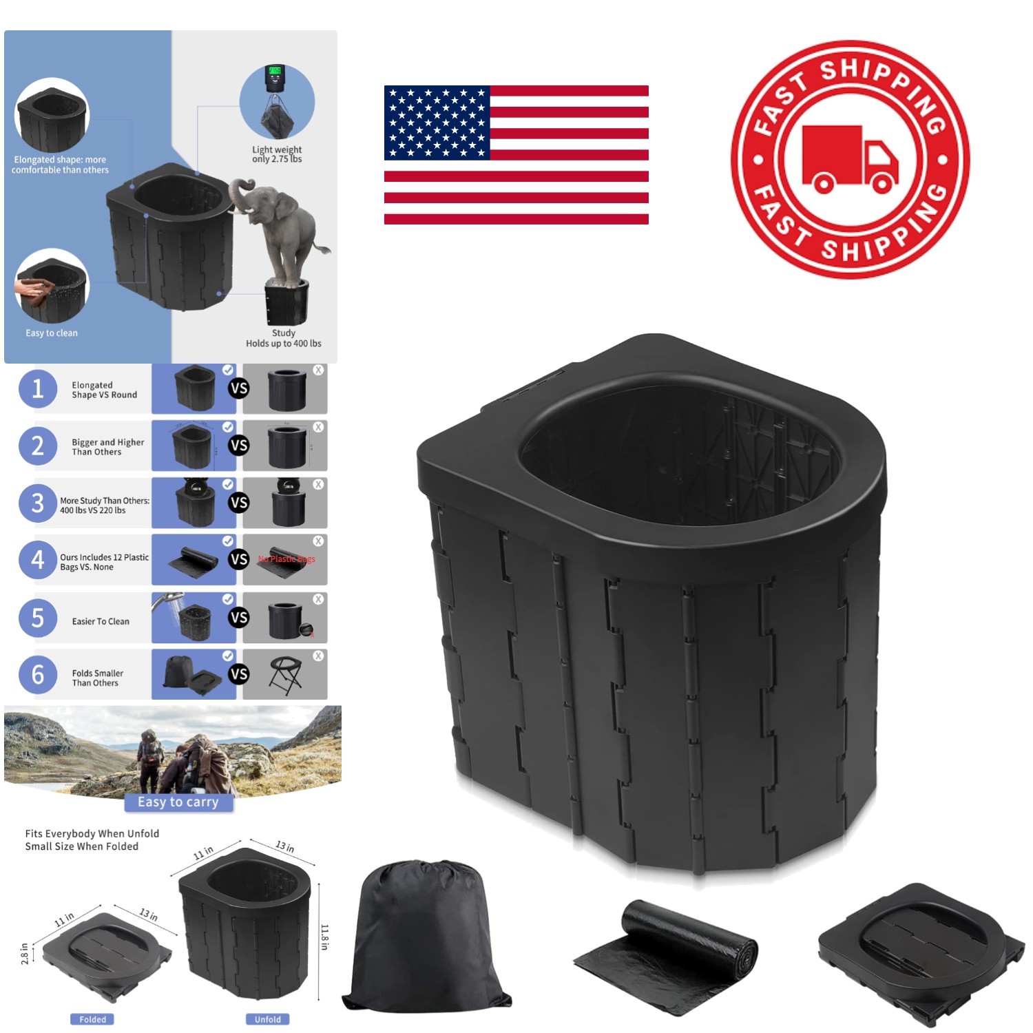Folding Portable Toilet for Adults Lightweight 2.8 Pounds Ideal for Camping