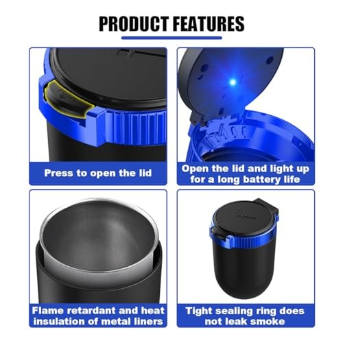 Car Ashtray with Lid Smell Proof, Detachable Stainless Smokeless Ash Tray Blue