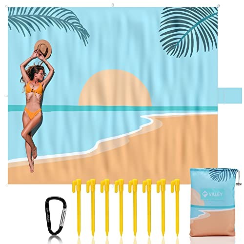 Extra Large Waterproof Sandproof Beach Mat for 6-8 Adults, 128″x108″ Sunset