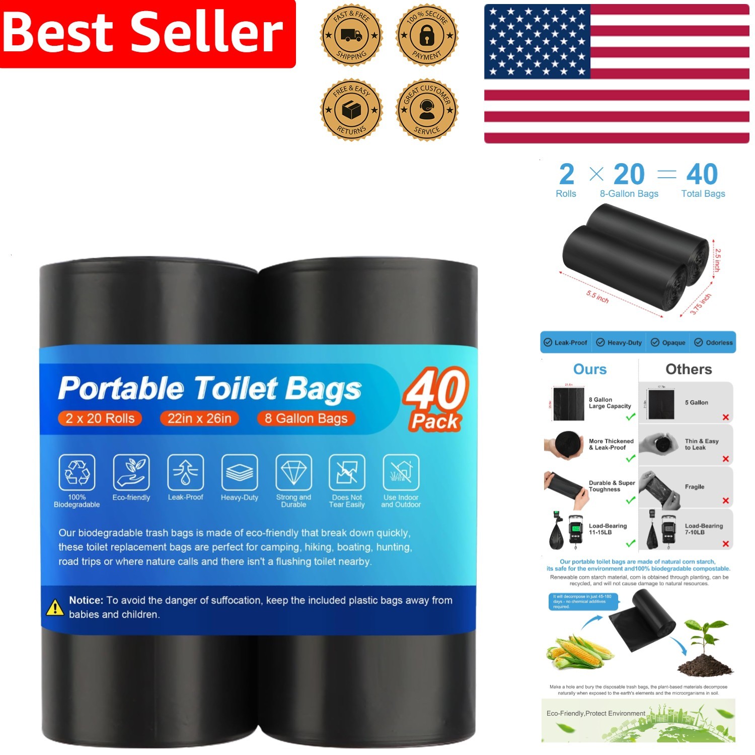 Portable Toilet Bags 8 Gallon 80 Count Biodegradable Compostable for Outdoor Use