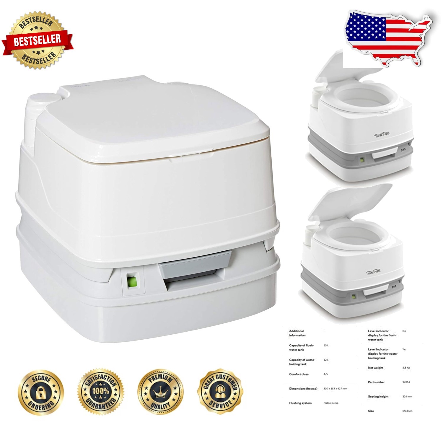 Thetford 345 White Portable Toilet – Compact, Easy Flush, Sanitary Design
