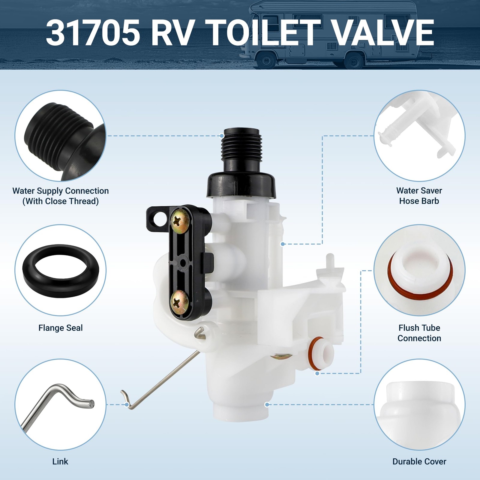 31705 31688 31687 31653 RV Toilet Water Valve Kit, Freeze White 1.5 inches