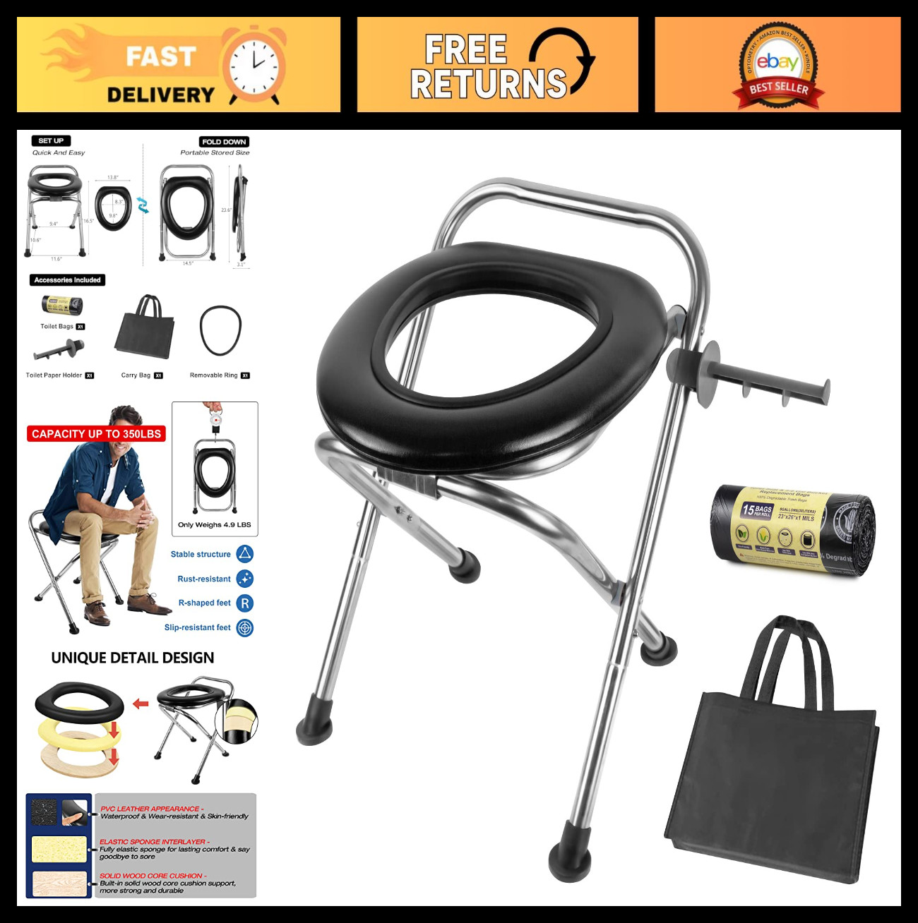 Portable 16.5″ Camping Toilet – 350LB Capacity, Stainless Steel, Soft Seat, Coll